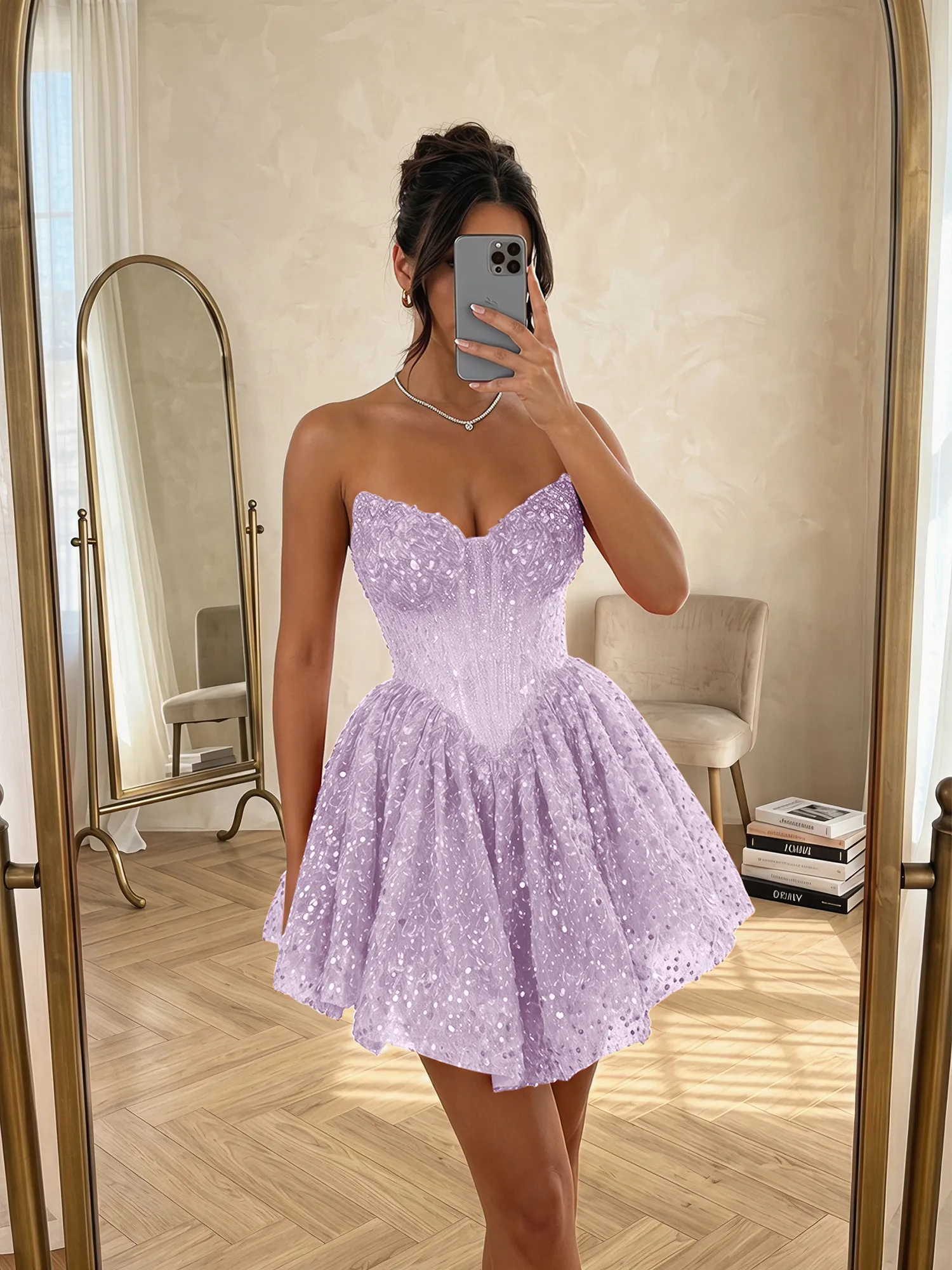 Strapless Sequin Pearl Corset Homecoming Dress with Lace-Up Back