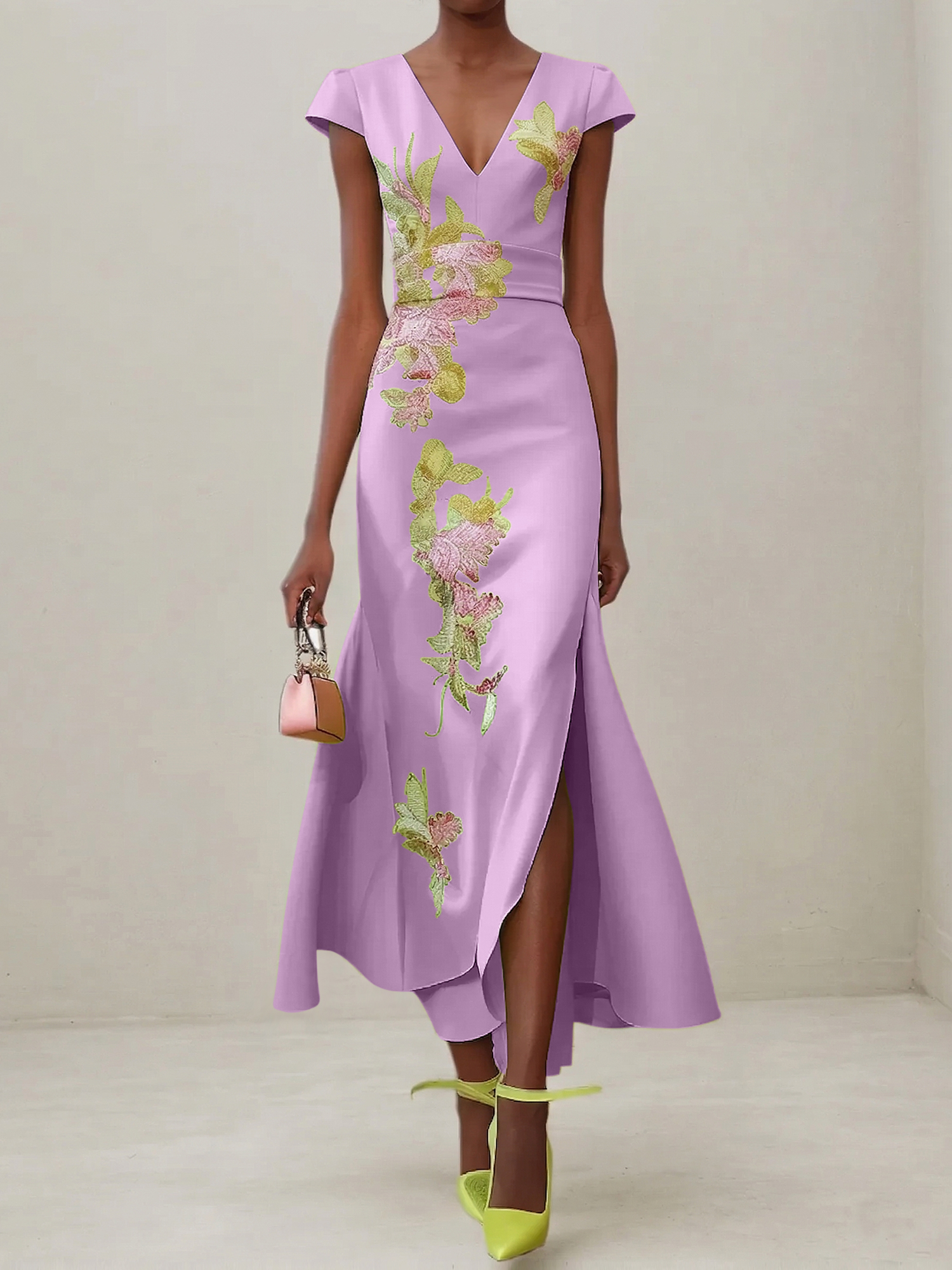 Elegant V-Neck Cap Sleeve Satin Midi Gown with Floral Embroidery & High Slit