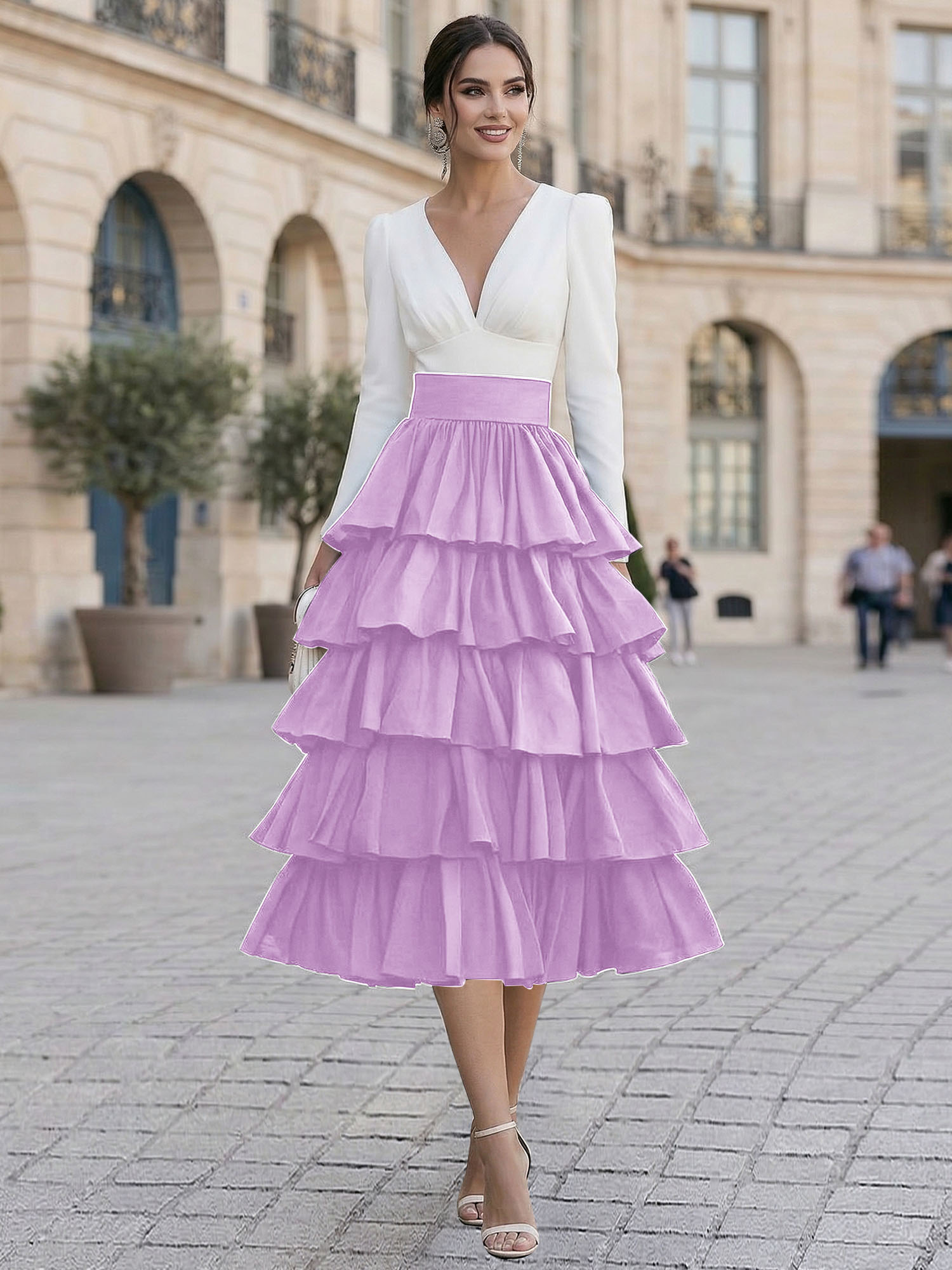 Elegant V-Neck Long Sleeve Tiered Ruffle Midi Dress with Contrast Waistband