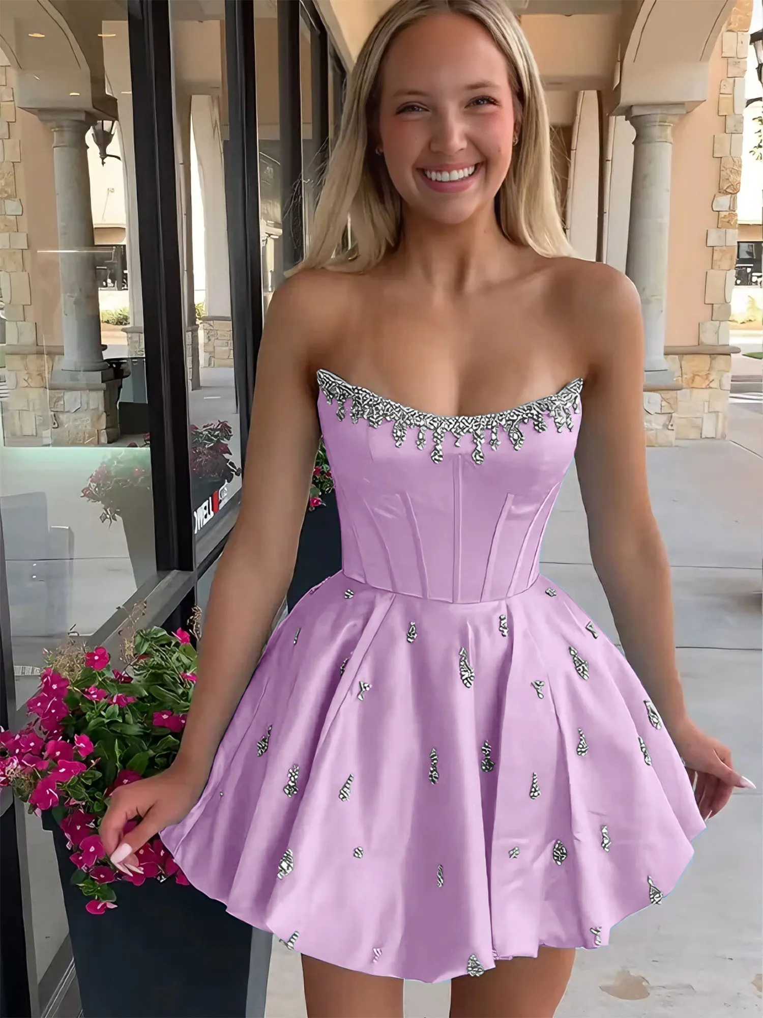 Strapless Beaded Corset Lace-Up Back Satin Homecoming Dress