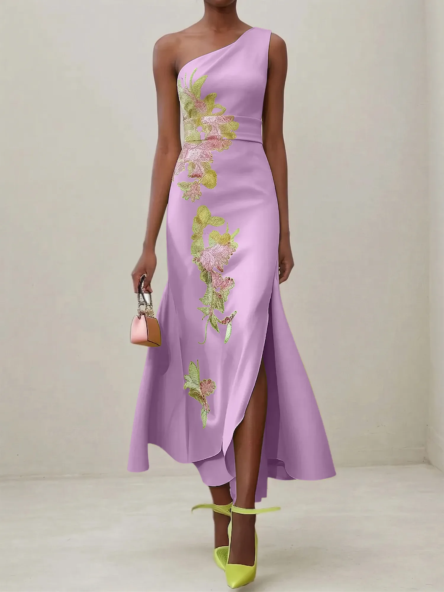 Elegant One Shoulder Cap Sleeve Satin Midi Gown with Floral Embroidery & High Slit