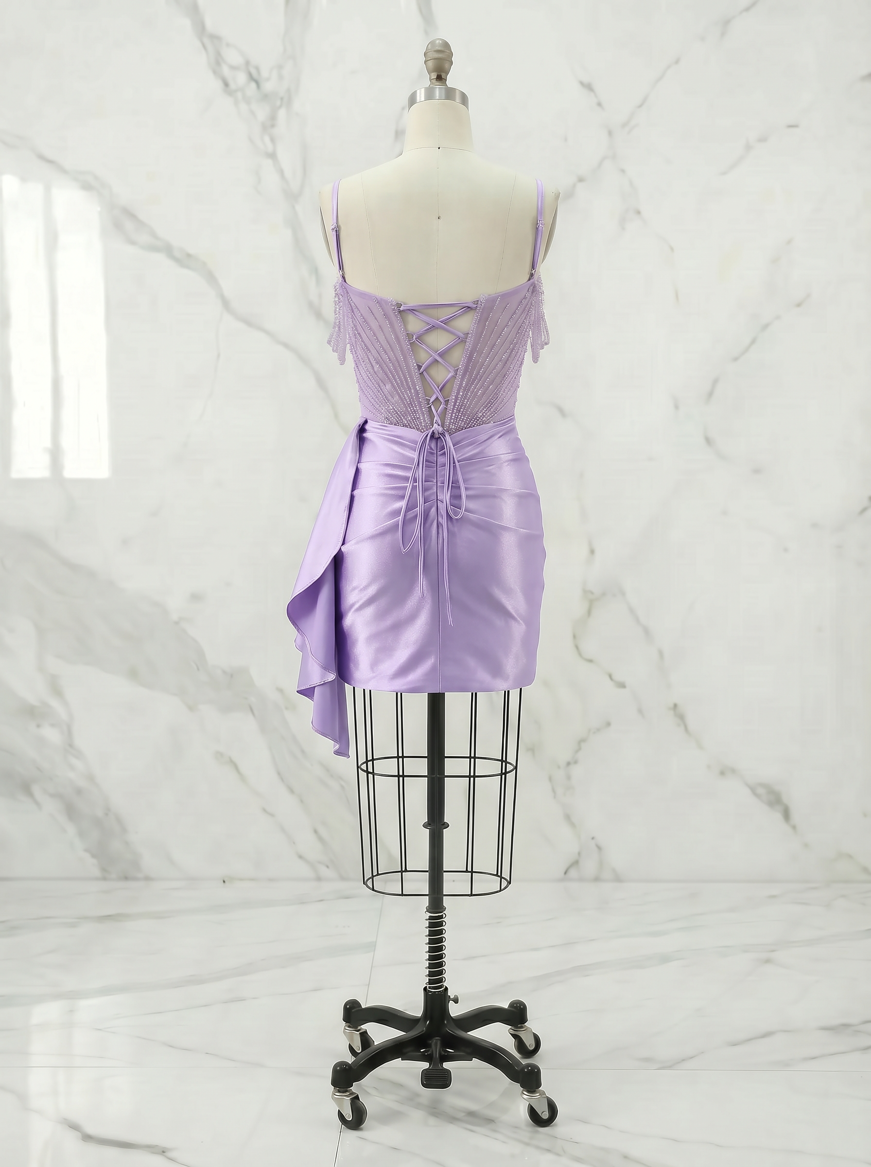 Lilac Beaded Corset Satin Homecoming Mini Dress with Draped Sash
