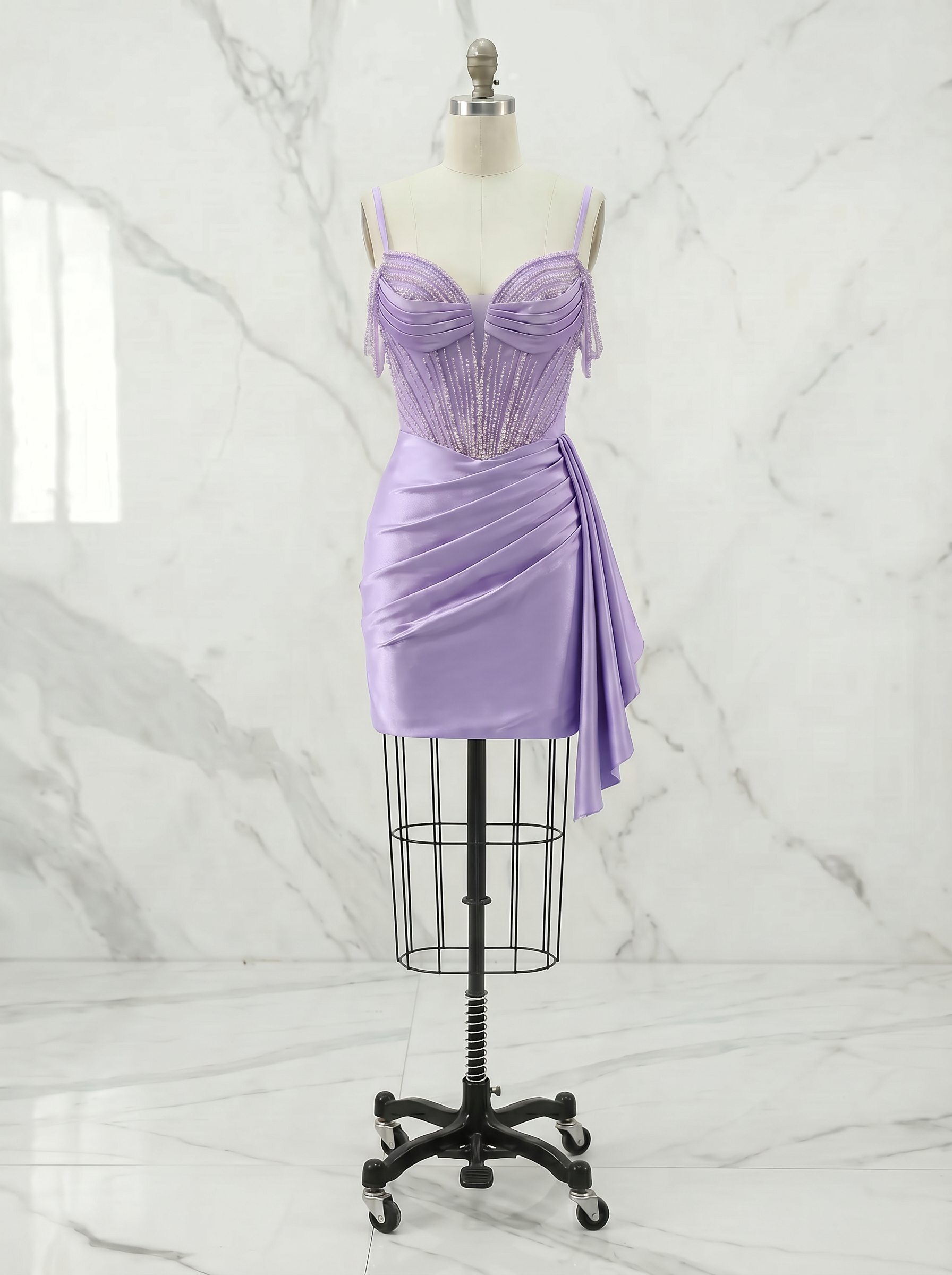 Lilac Beaded Corset Satin Homecoming Mini Dress with Draped Sash