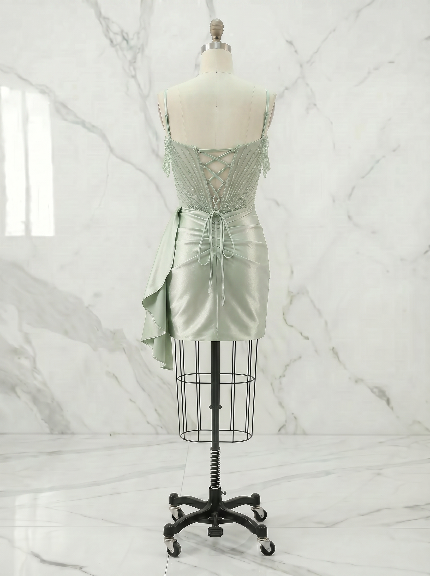Lilac Beaded Corset Satin Homecoming Mini Dress with Draped Sash
