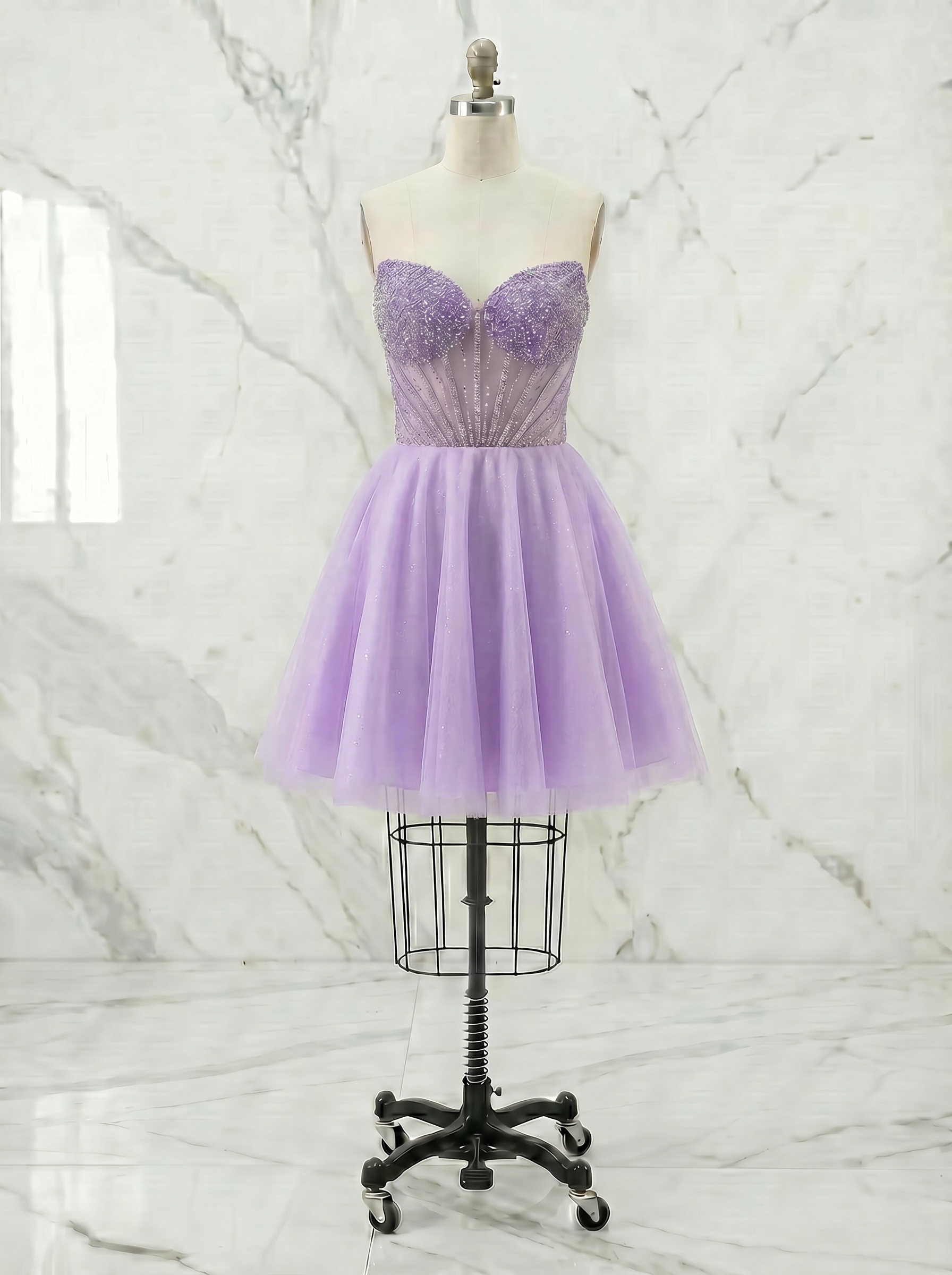 Lilac Beaded Corset Tulle Babydoll Homecoming Mini Dress