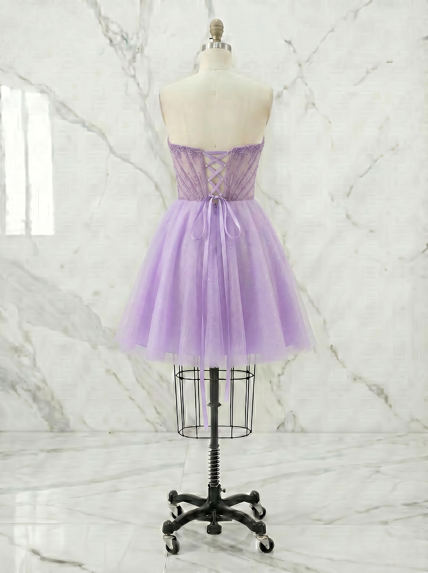 Lilac Beaded Corset Tulle Babydoll Homecoming Mini Dress