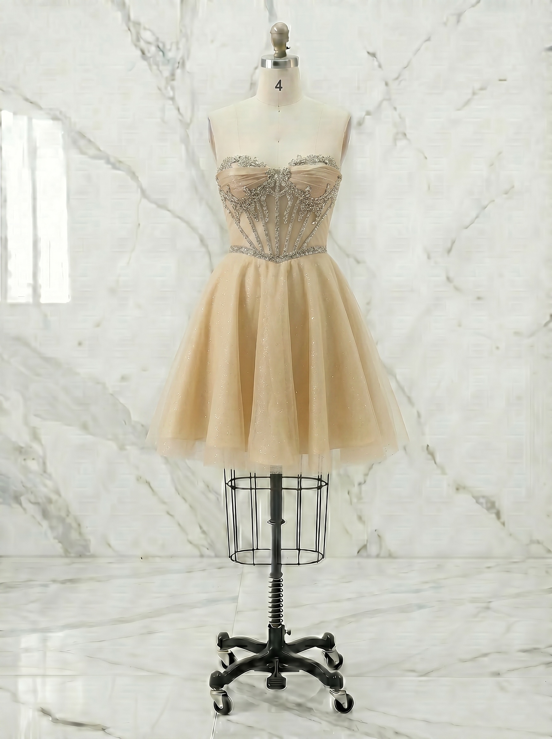 Dazzling Champagne Crystal Spiderweb Corset Babydoll Homecoming Dress