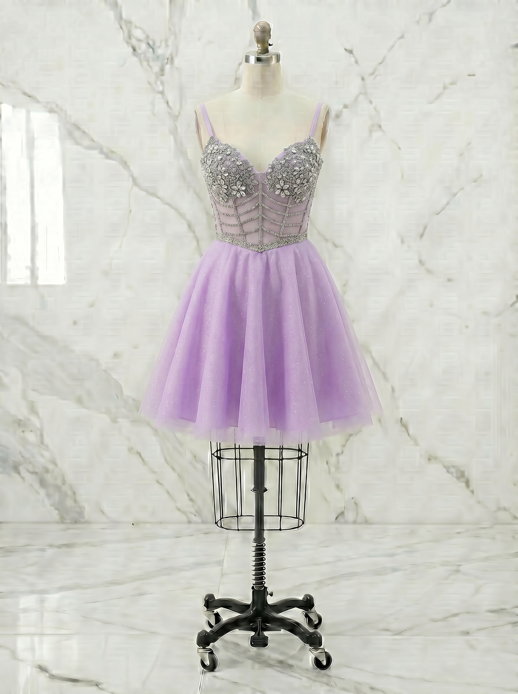 Lilac Crystal Spiderweb Corset Babydoll Homecoming Mini Dress