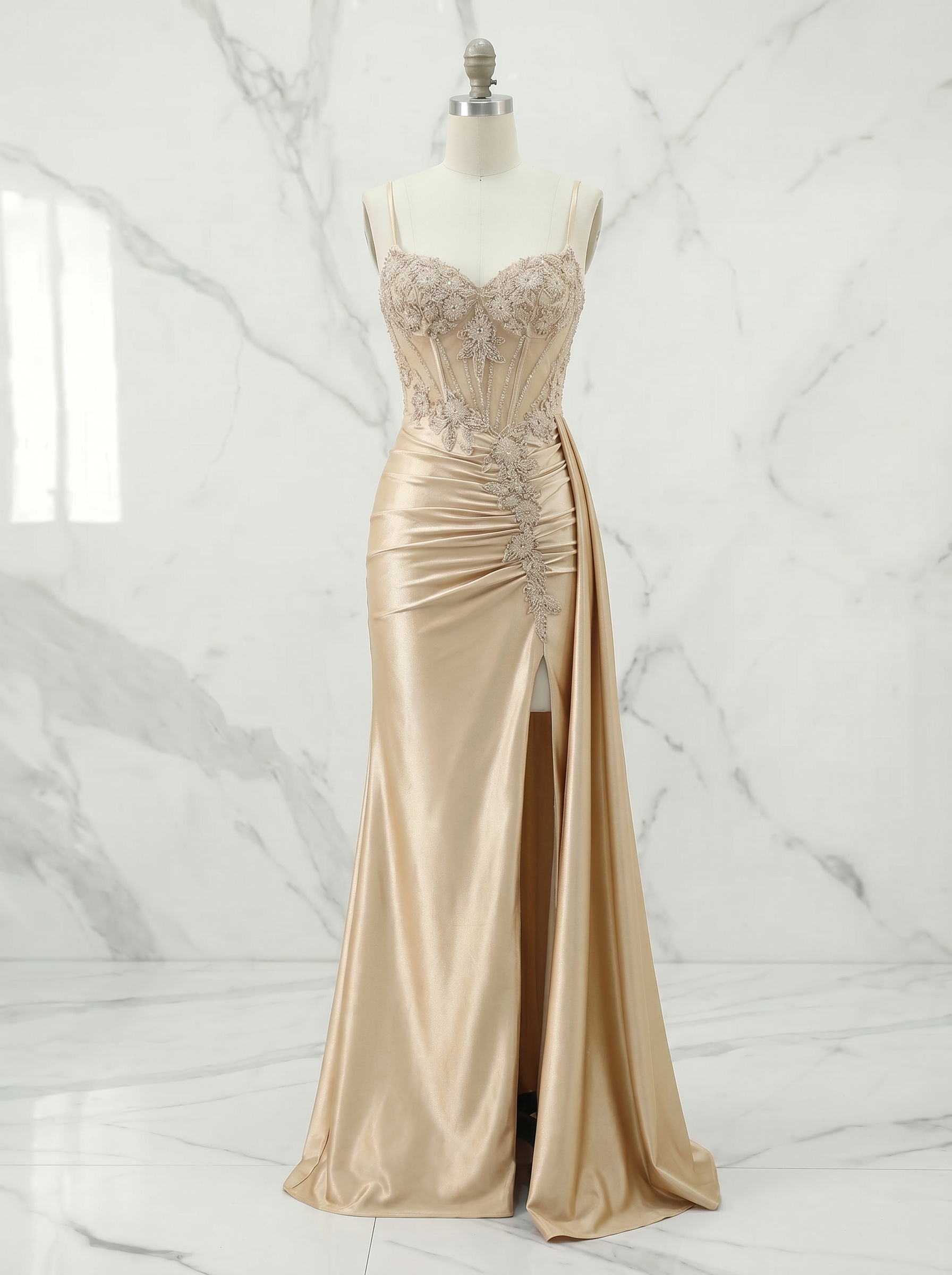 Luxurious Champagne Gold Illusion Lace and Ruched Satin Prom Dress
