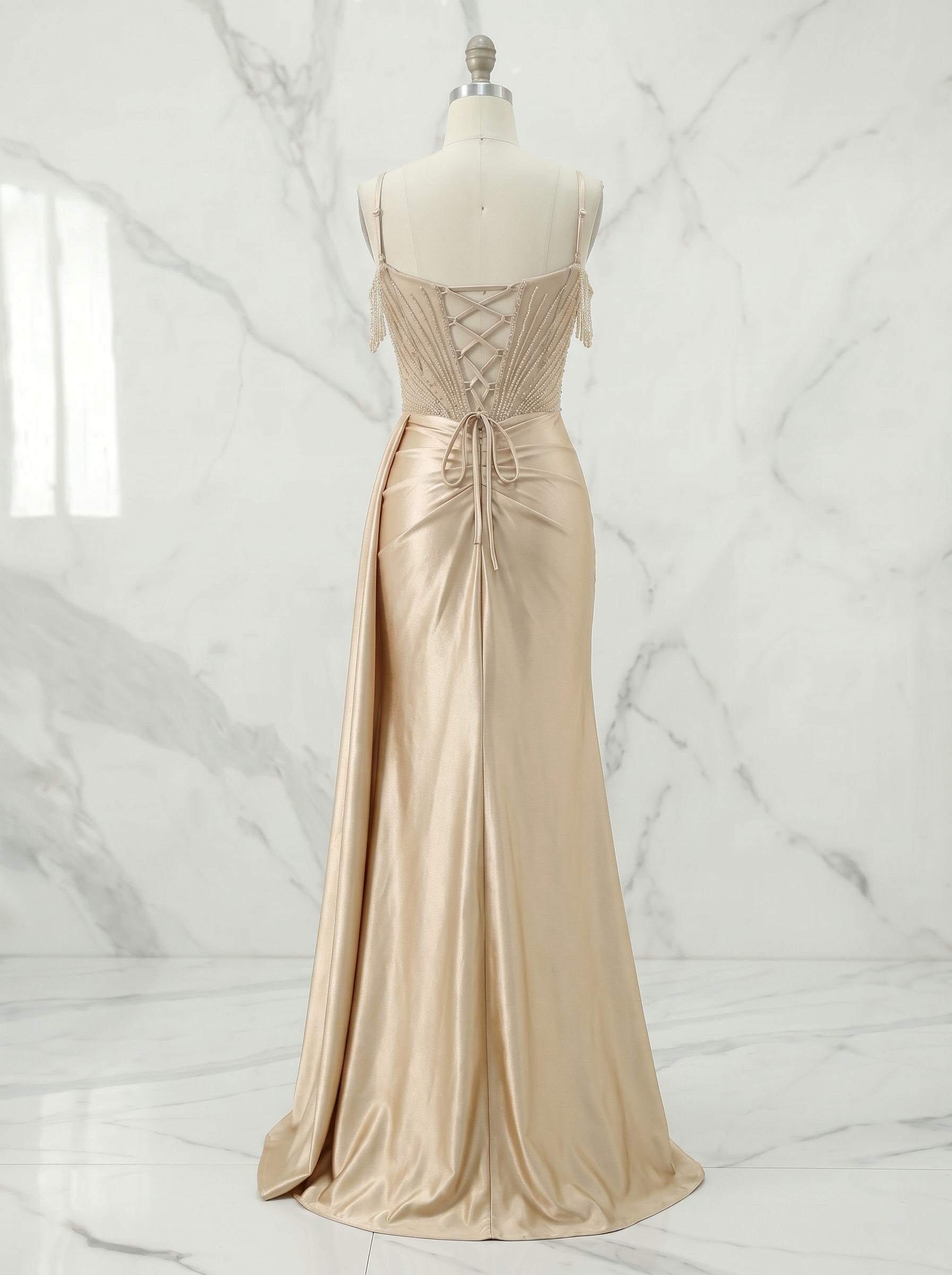 Luxurious Champagne Gold Illusion Lace and Ruched Satin Prom Dress