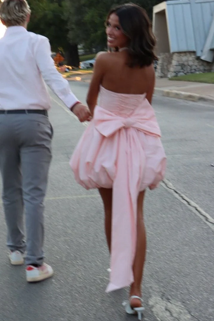 Blush Pink Strapless Bubble Skirt Homecoming Dress with Oversized Bow