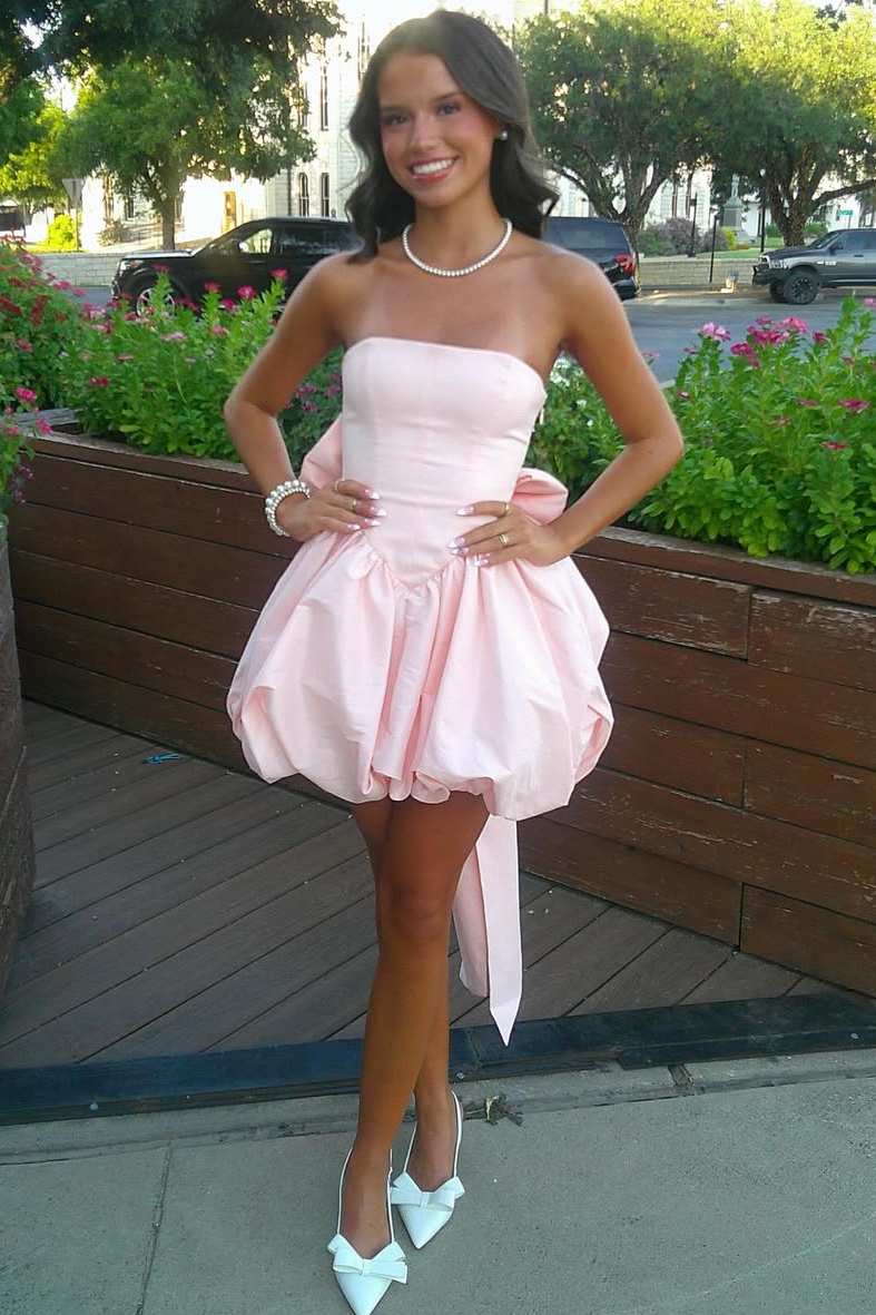 Blush Pink Strapless Bubble Skirt Homecoming Dress with Oversized Bow