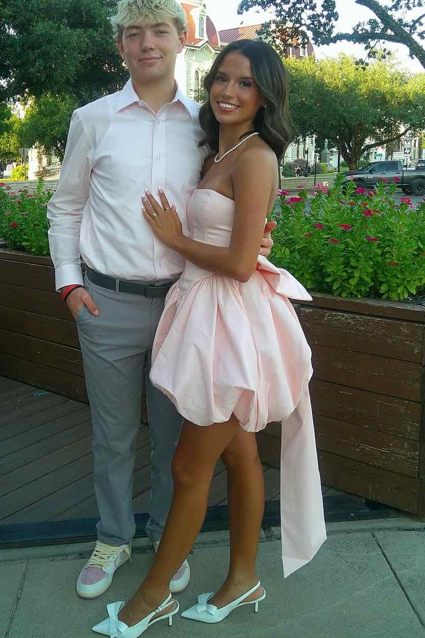 Blush Pink Strapless Bubble Skirt Homecoming Dress with Oversized Bow