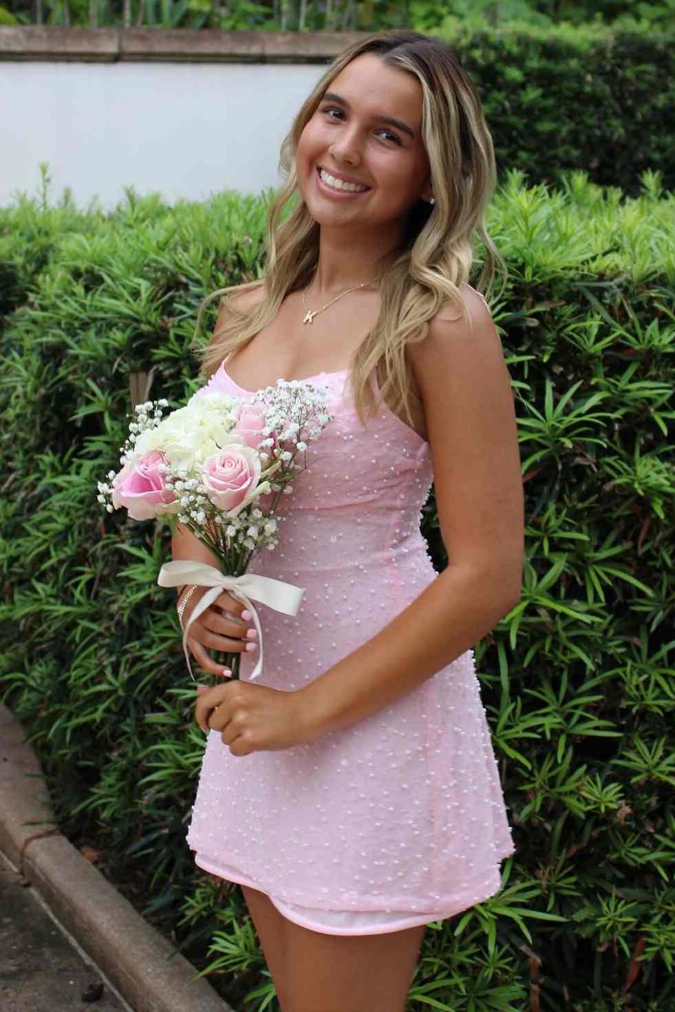 Pink Spaghetti Strap Pearl-Embellished A-Line Homecoming Dress