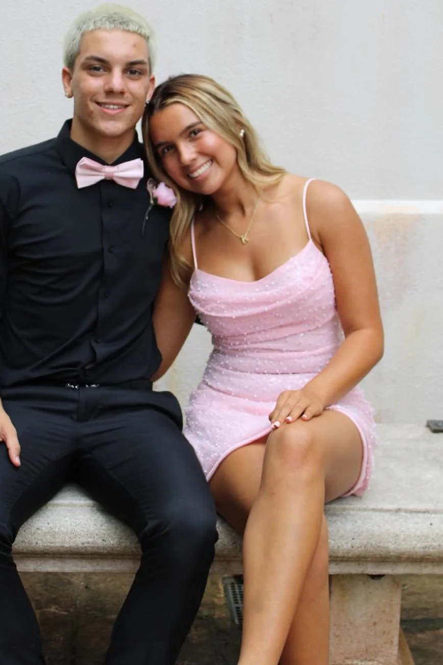 Pink Spaghetti Strap Pearl-Embellished A-Line Homecoming Dress