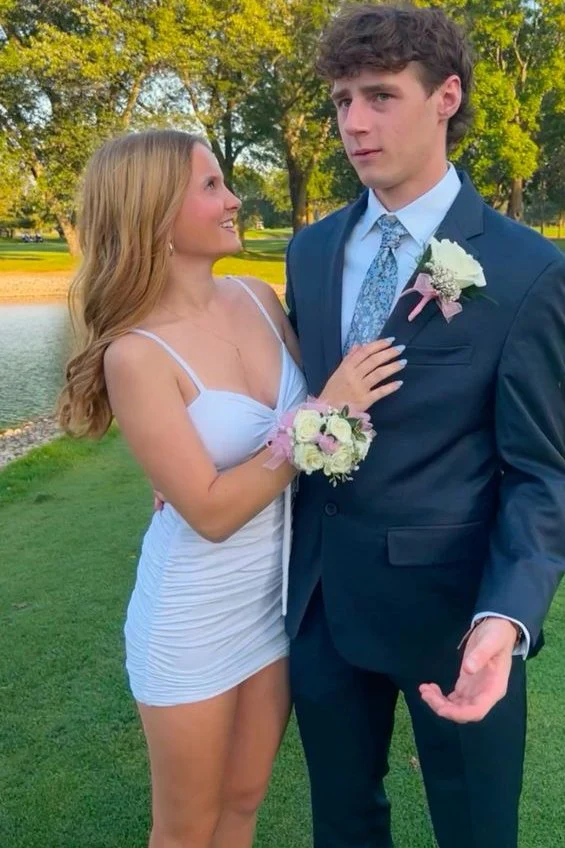 Radiant White Ruched Tie-Front Mini Homecoming Dress