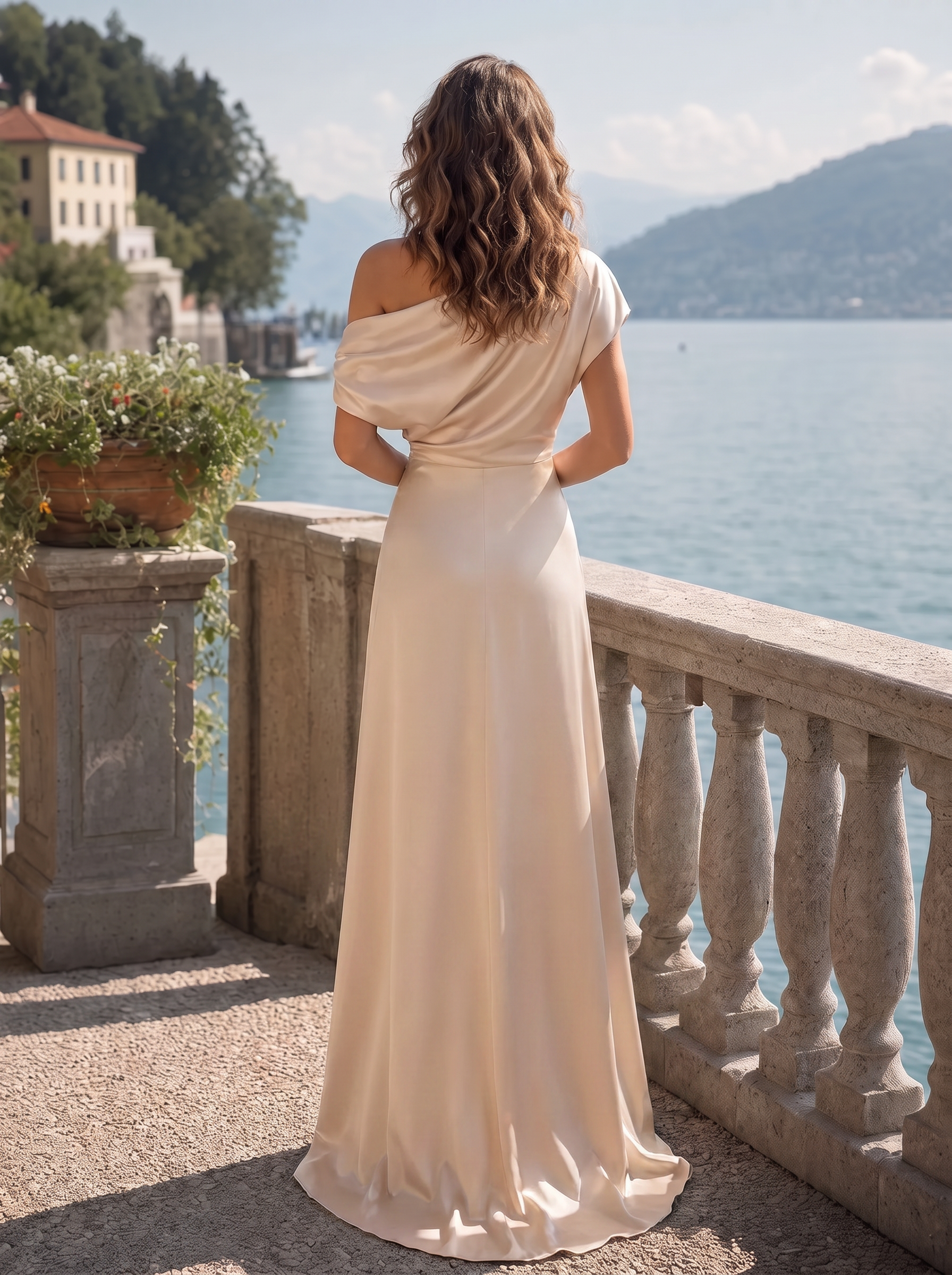 Luminous Champagne Satin Draped Column Off-The-Shoulder Formal Evening Dress 