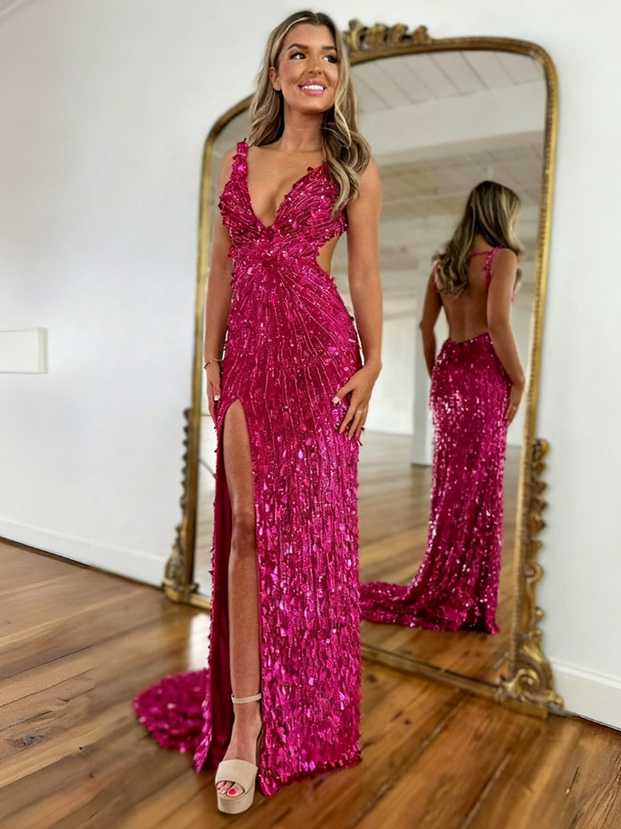 Mermaid V-Neck Backless Long Tight Sequin Prom Dress