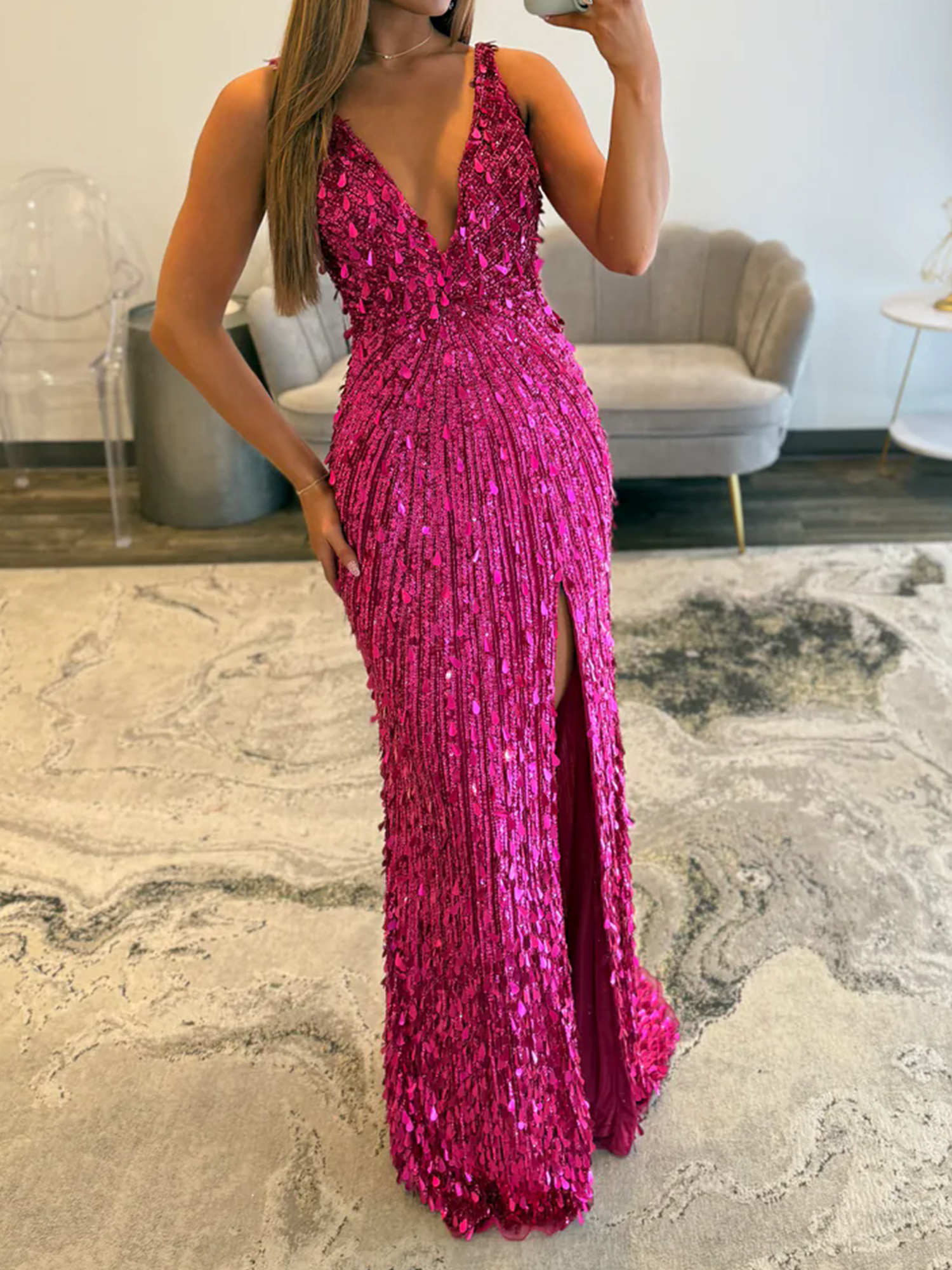 Mermaid V-Neck Backless Long Tight Sequin Prom Dress with Slit