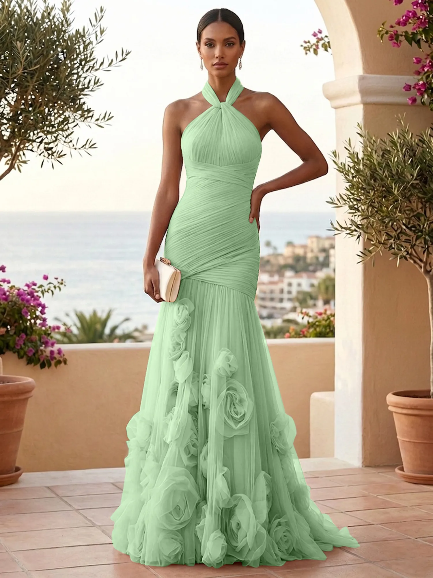 Halter Neck Ruched Tulle Mermaid Gown with 3D Floral Appliqués