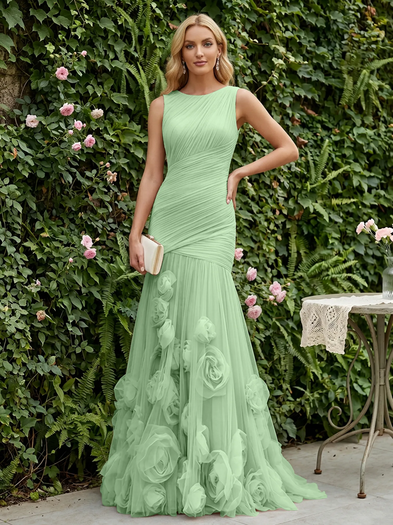 Round Neck Ruched Tulle Mermaid Gown with 3D Floral Appliqués