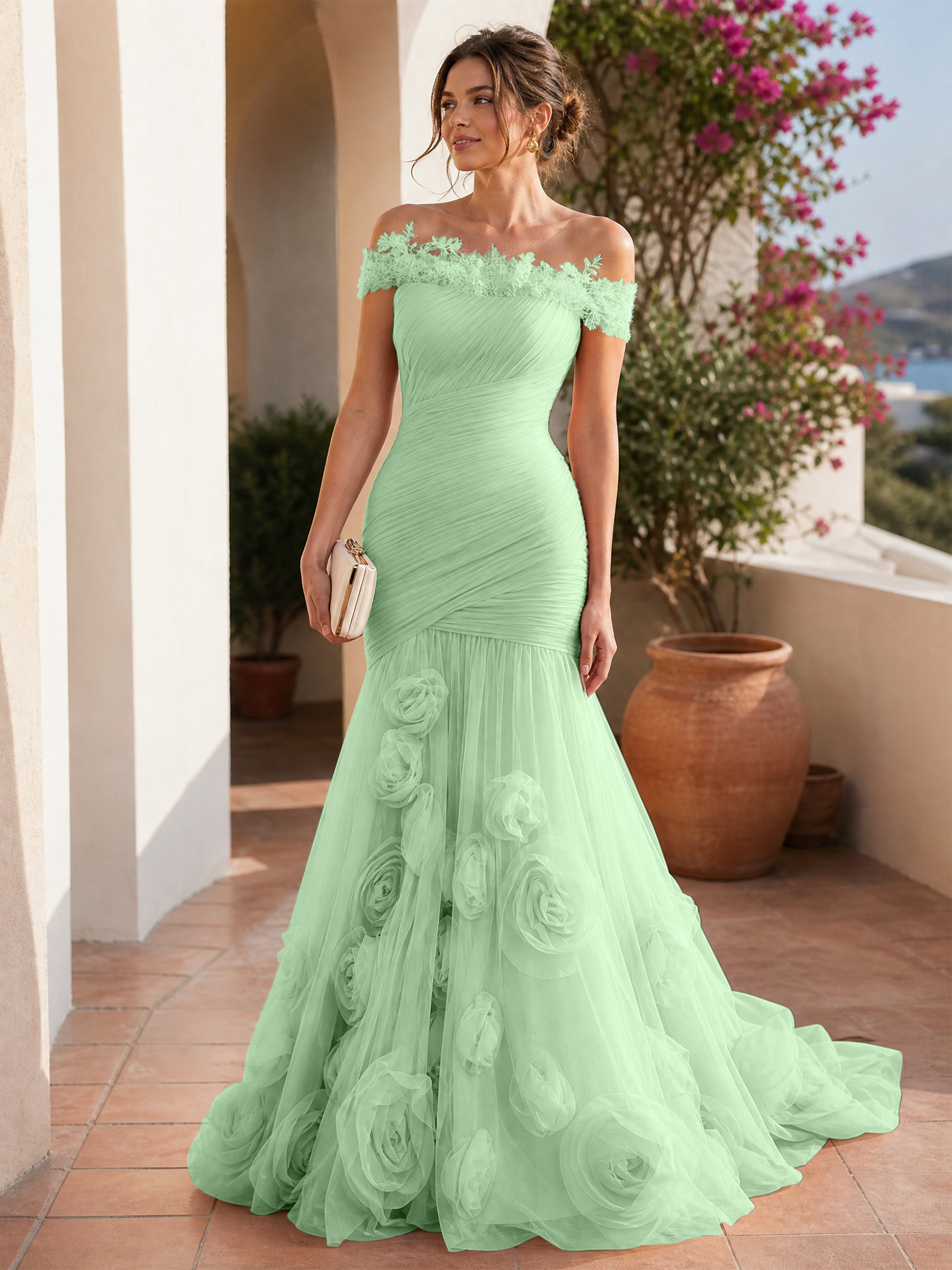 Romantic Blushing Rose Off-the-Shoulder Mermaid Formal Evening Dress 