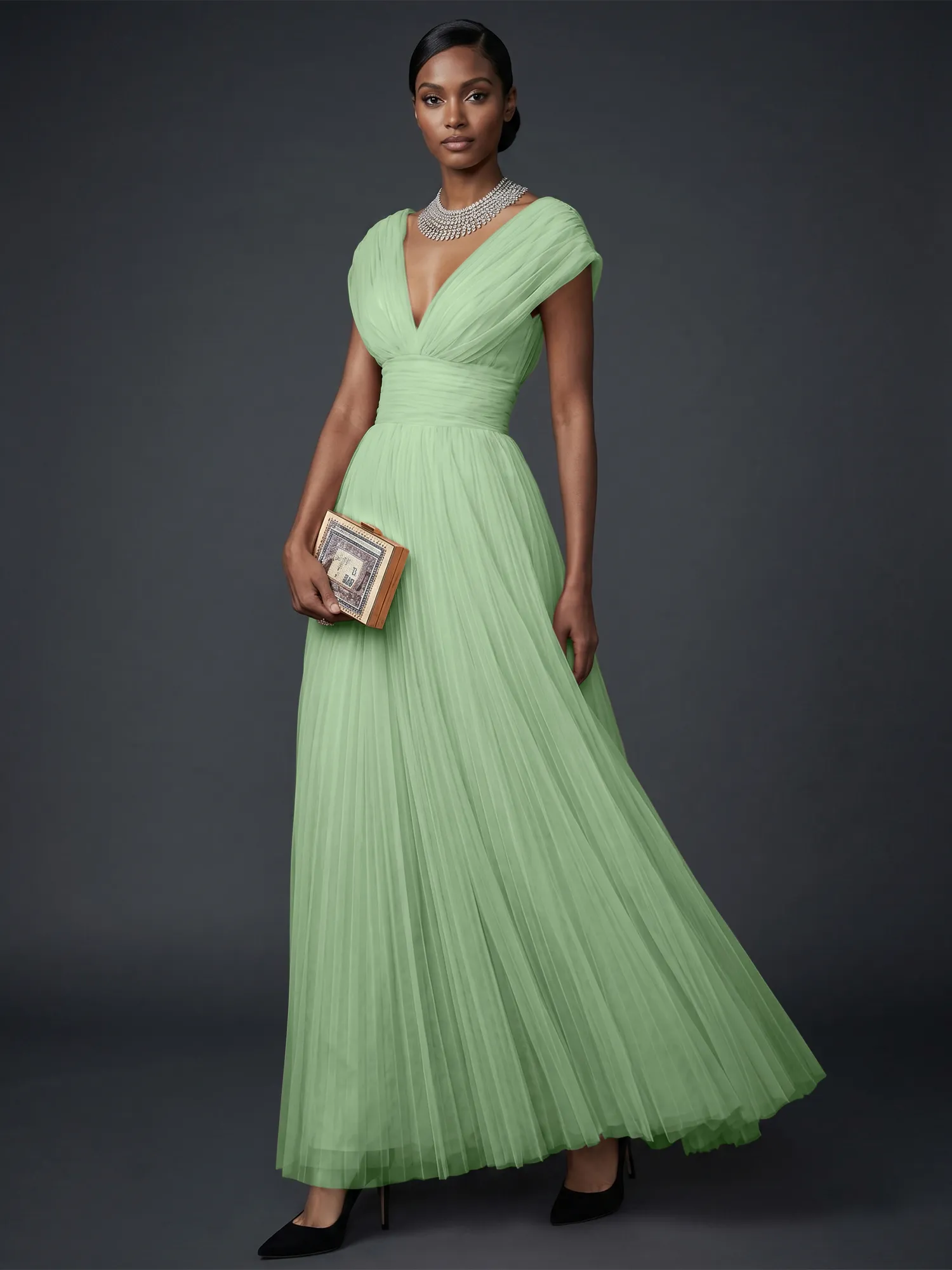 Draped V-Neck Pleated Tulle Evening Gown Maxi Dress