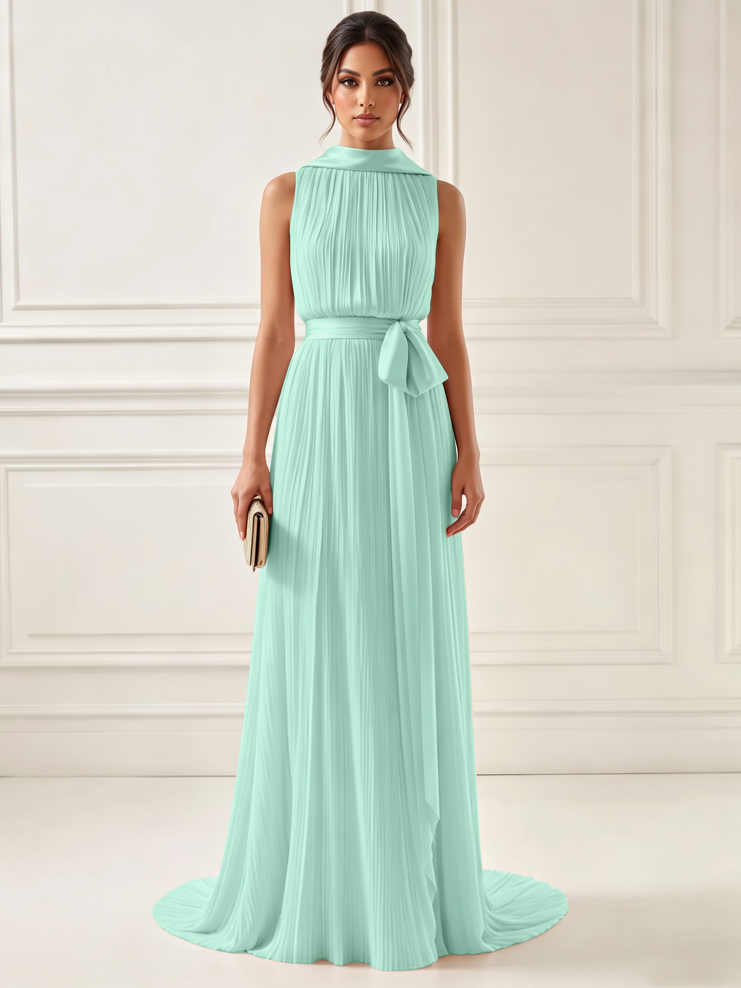 Ethereal Pleated Pastel Pink High Neck Maxi Formal Evening Dress with Satin Sash