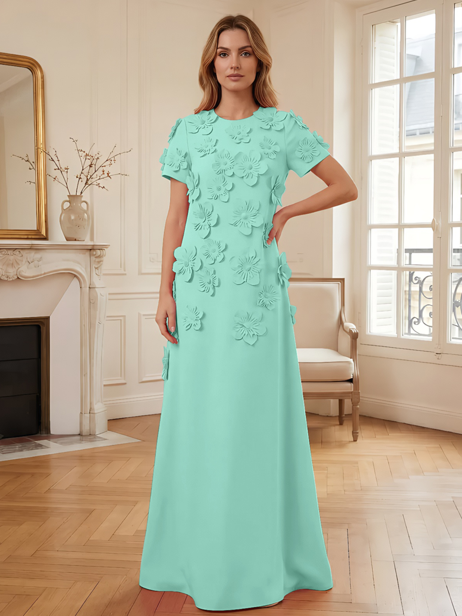 3D Floral Applique Short-Sleeve Column Evening Gown