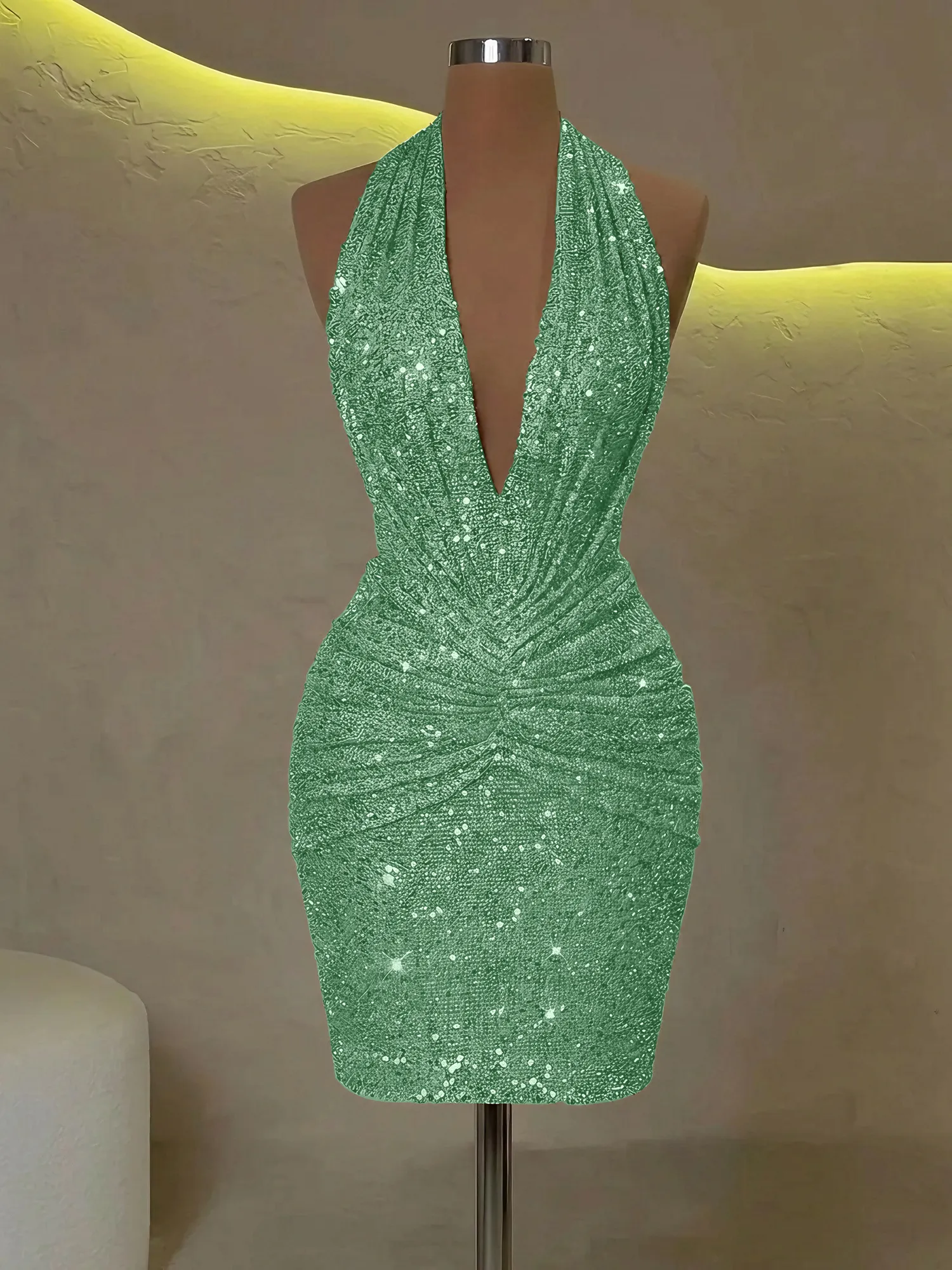 Sequin Halter Deep V-Neck Bodycon Homecoming Dress Mini Dress