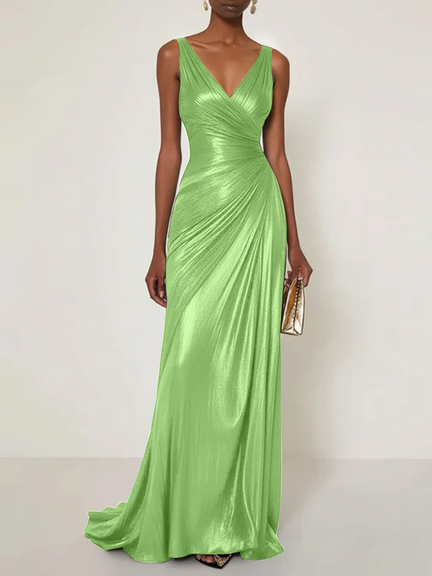 Evening Formal Dress V Neck Silk Ruffles Maxi Dress Gown