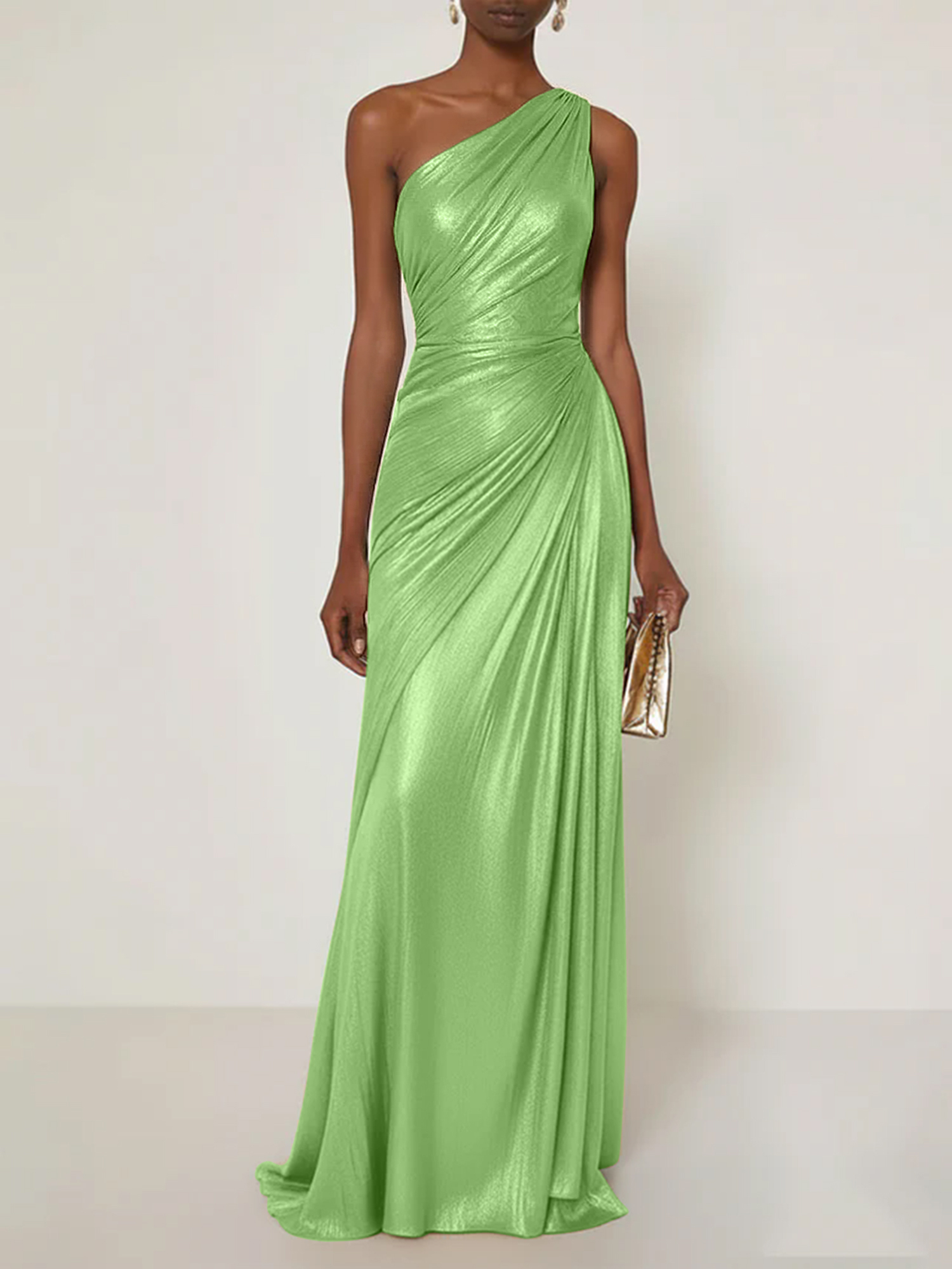 Evening Formal Dress V Neck One Shoulder Silk Ruffles Maxi Dress