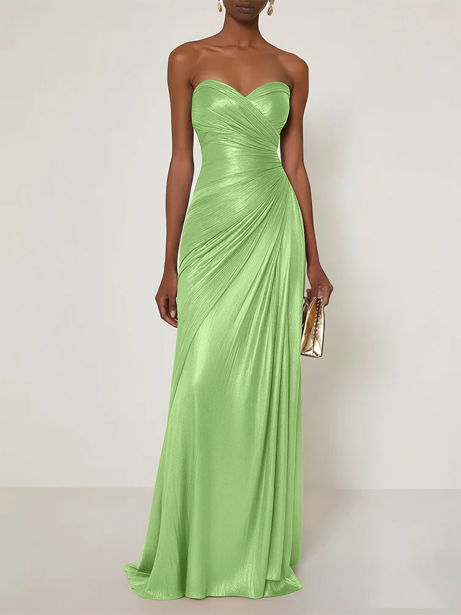 Evening Formal Dress V Neck Silk Ruffles Strapless Maxi Dress