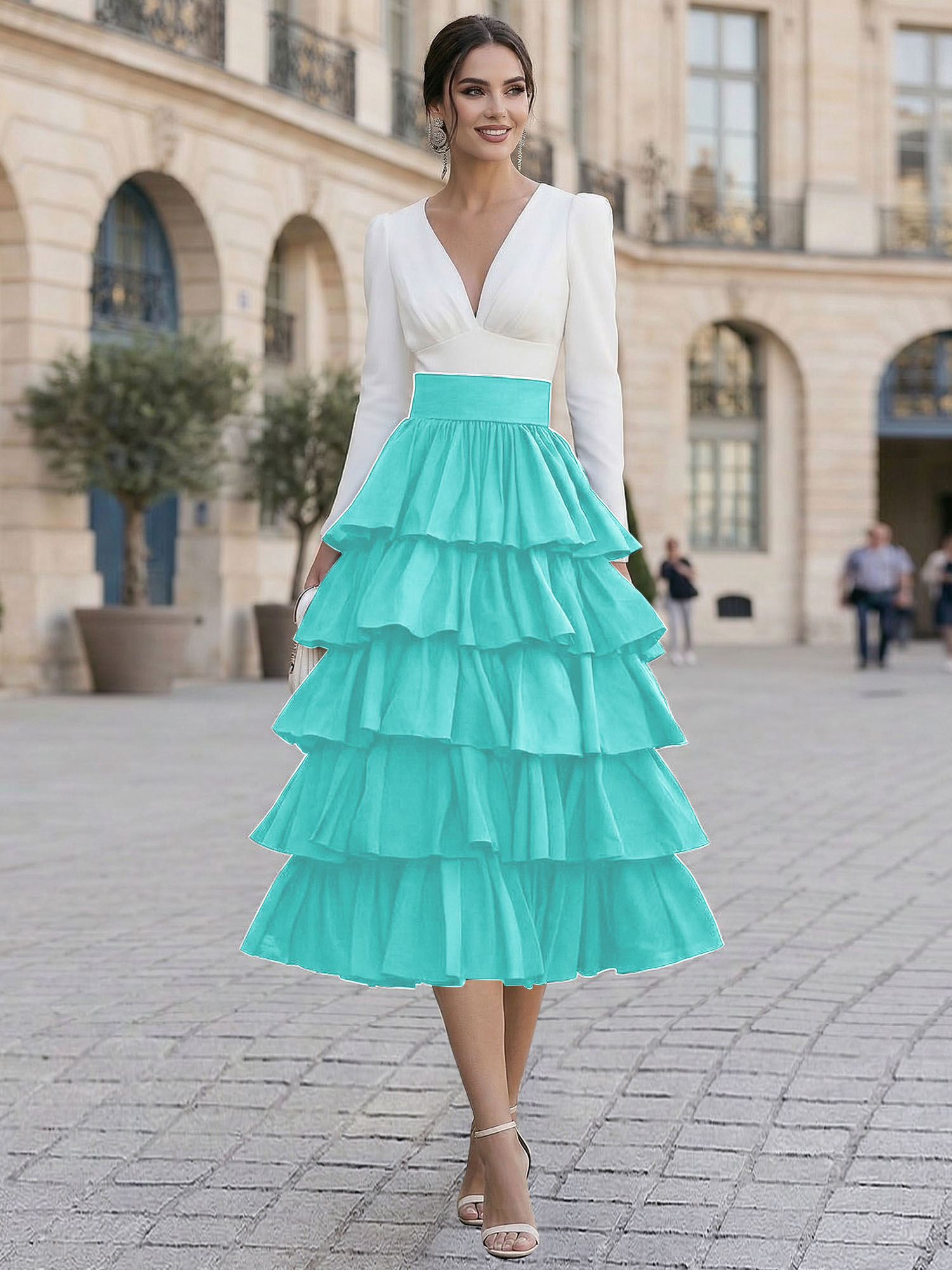 Elegant V-Neck Long Sleeve Tiered Ruffle Midi Dress with Contrast Waistband