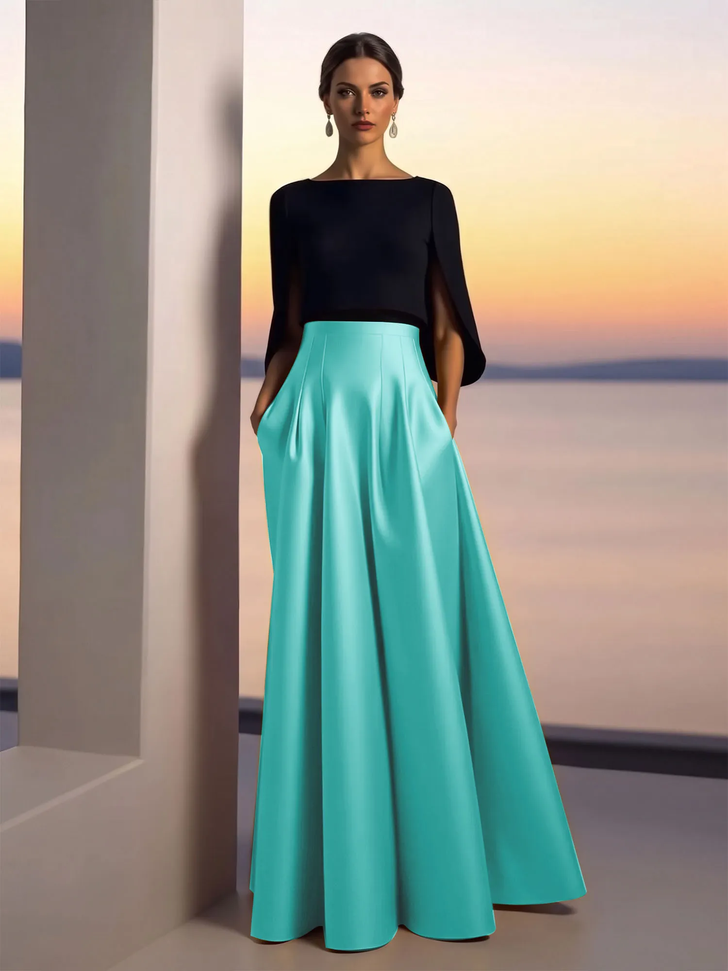 Two-Piece Cape Sleeve Satin Ball Gown Evening Dress