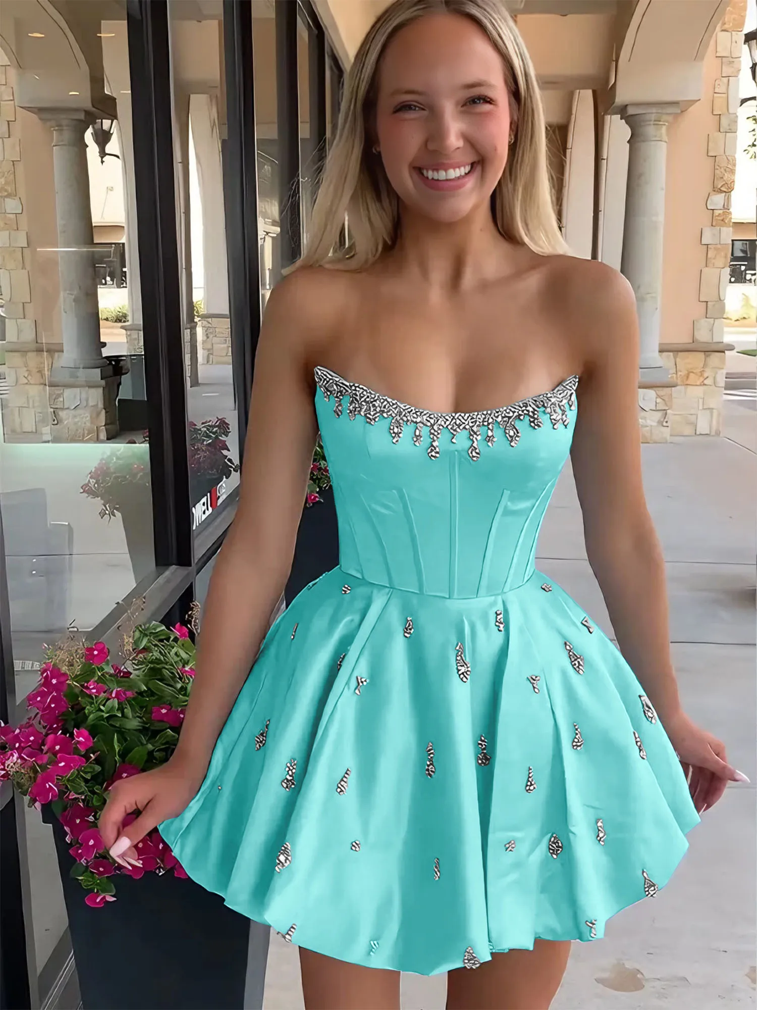Strapless Beaded Corset Lace-Up Back Satin Homecoming Dress