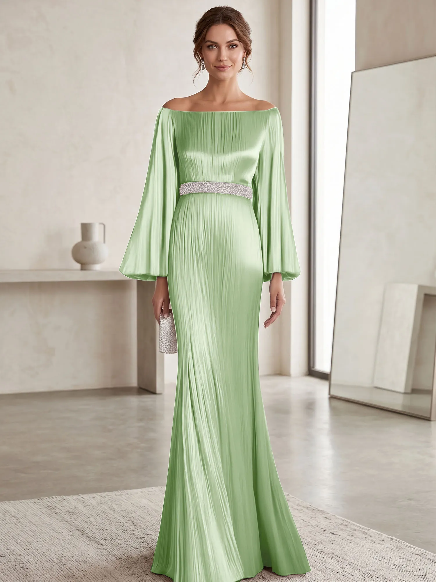 Off-the-Shoulder Pleated Satin Evening Gown with Beaded Waistband
