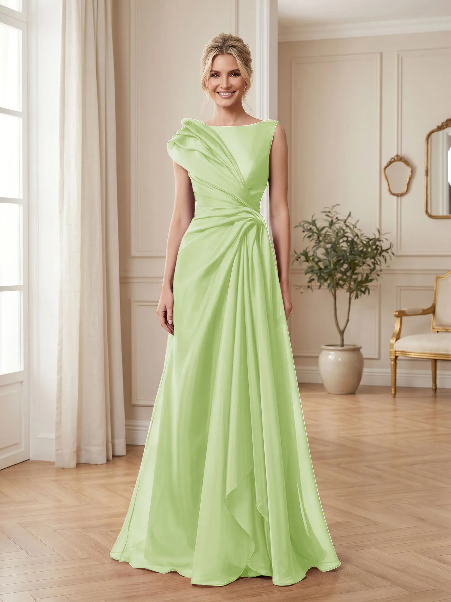 A Line Ruched Draped Tulle Evening Gown