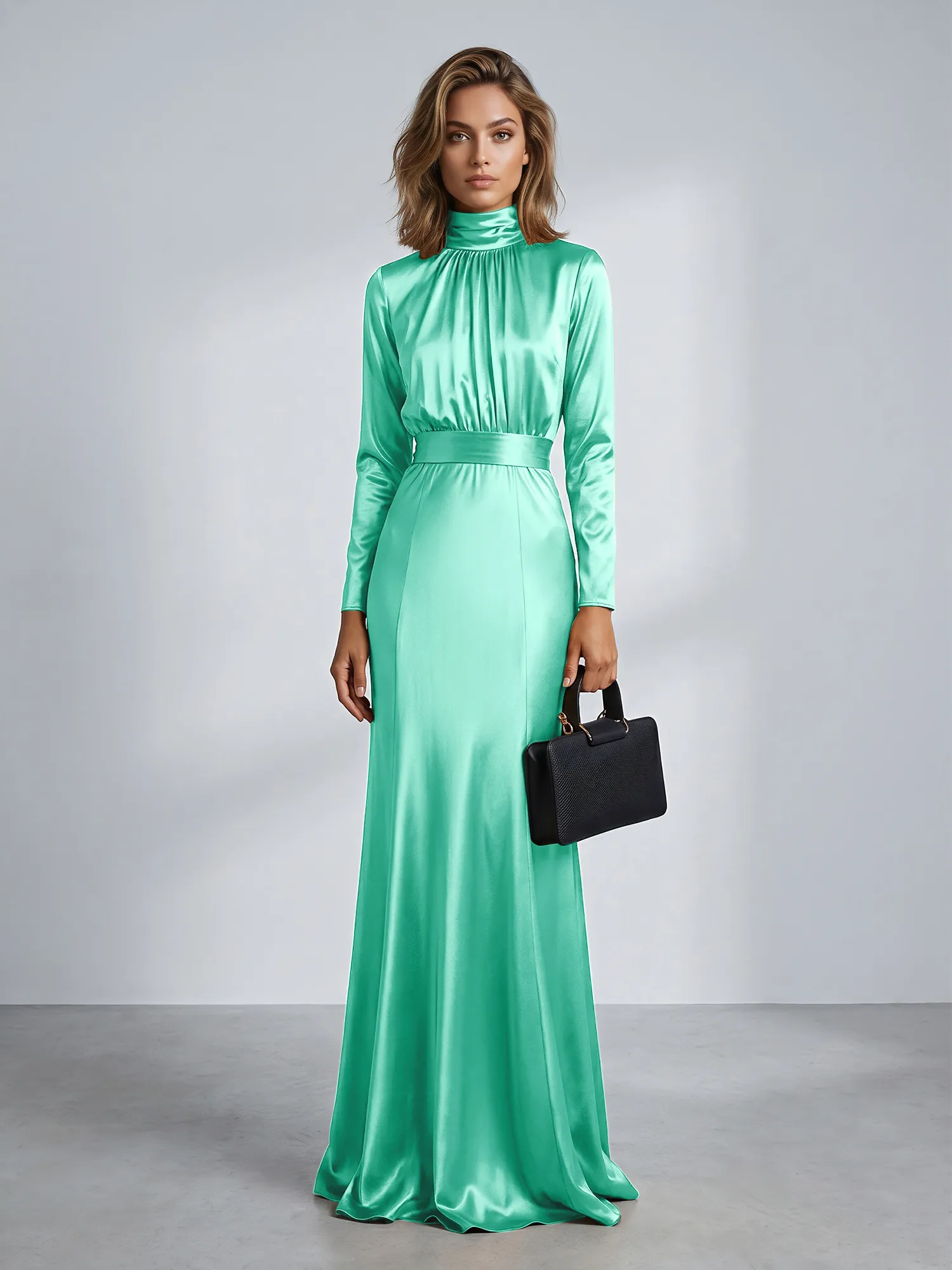 High Neck Long Sleeve Satin Mermaid Evening Gown with Waist Sash