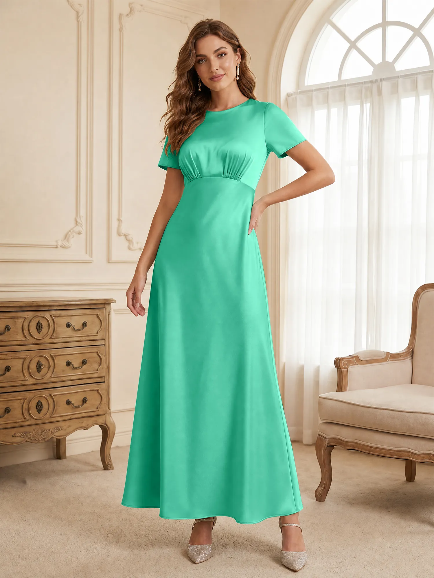 Round Neck Short Sleeve Satin Bridesmaid Dress
