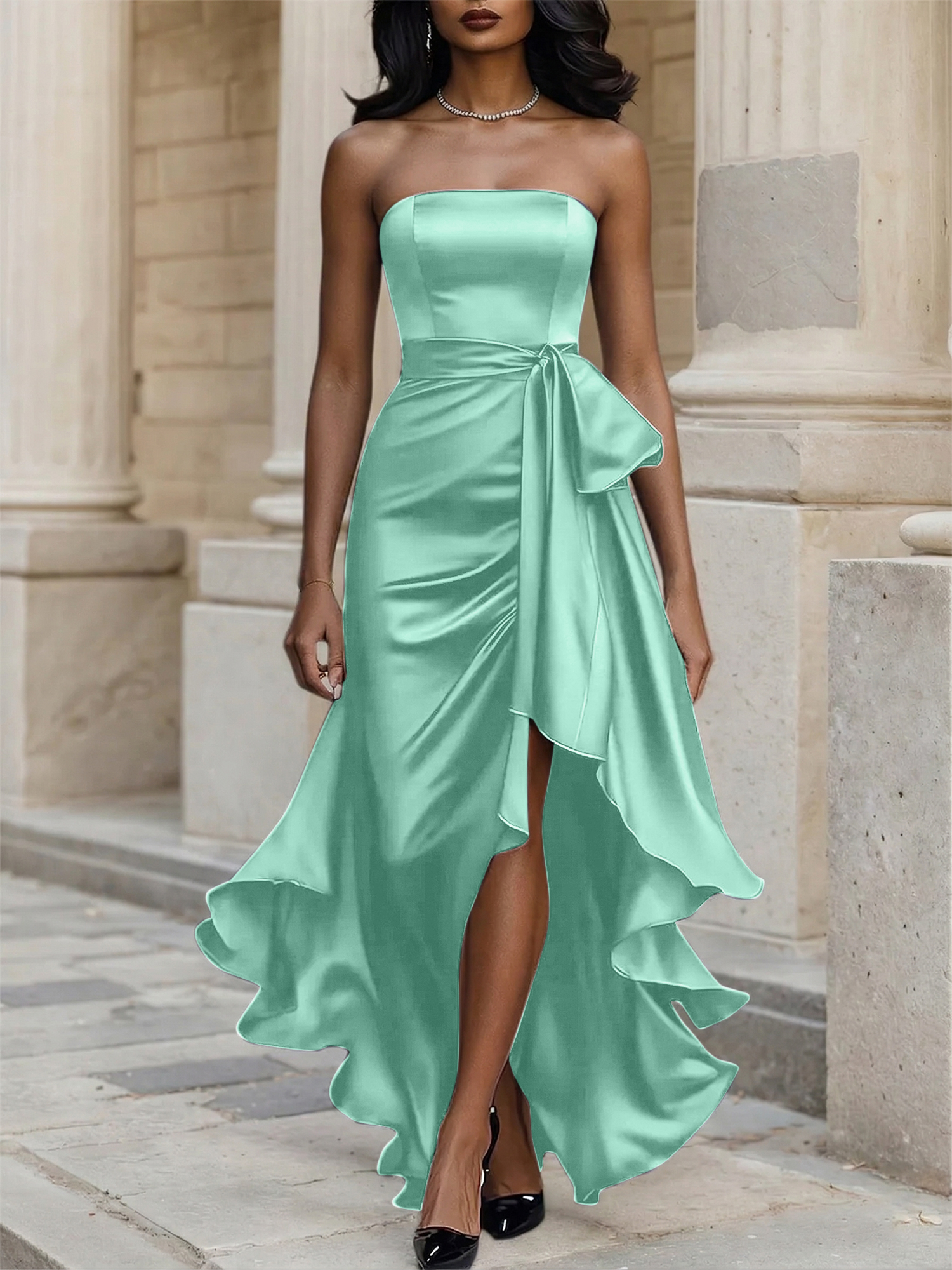 Glamorous Formal Dress Midnight Navy Strapless High-Low Satin Gown Midi Dress