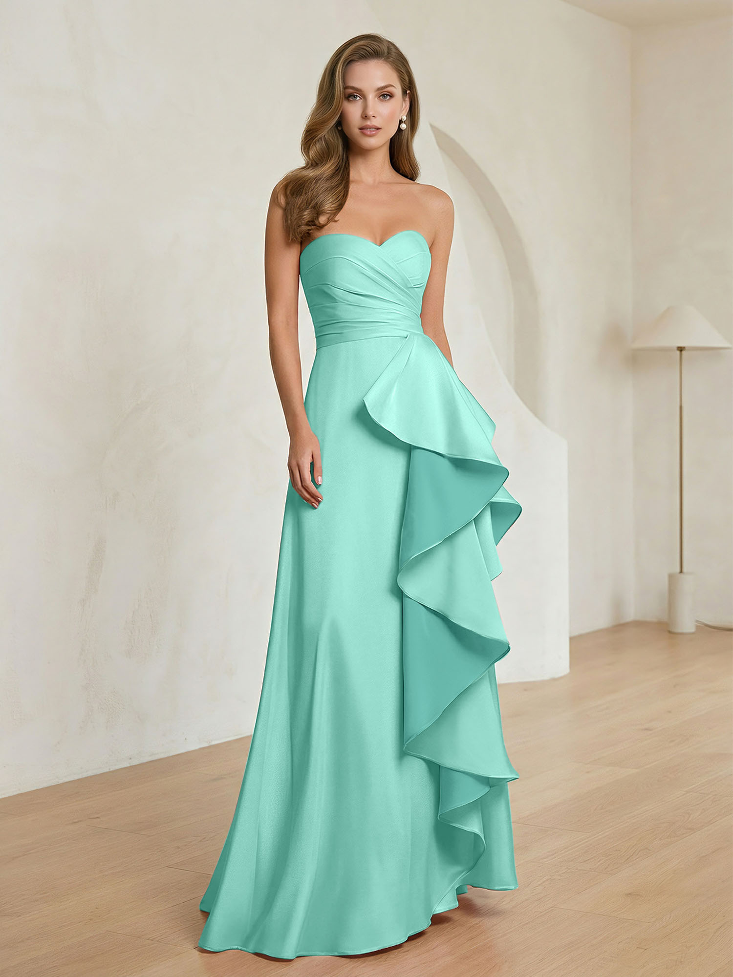 Formal Evening Dress Blush Strapless Ruffle Maxi Dress Gown