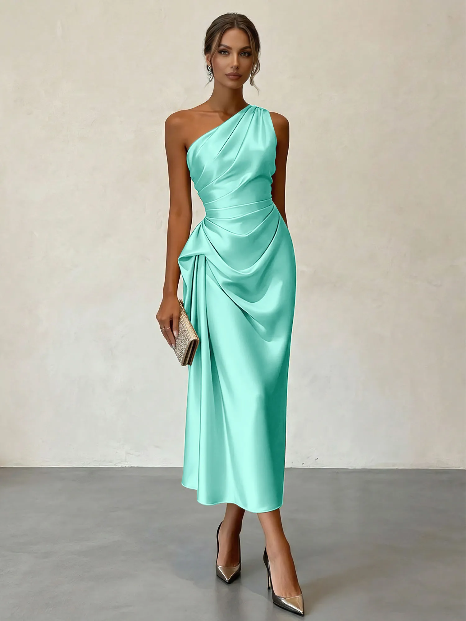 One-Shoulder Ruched Satin Midi Evening Dress with Draped Detail