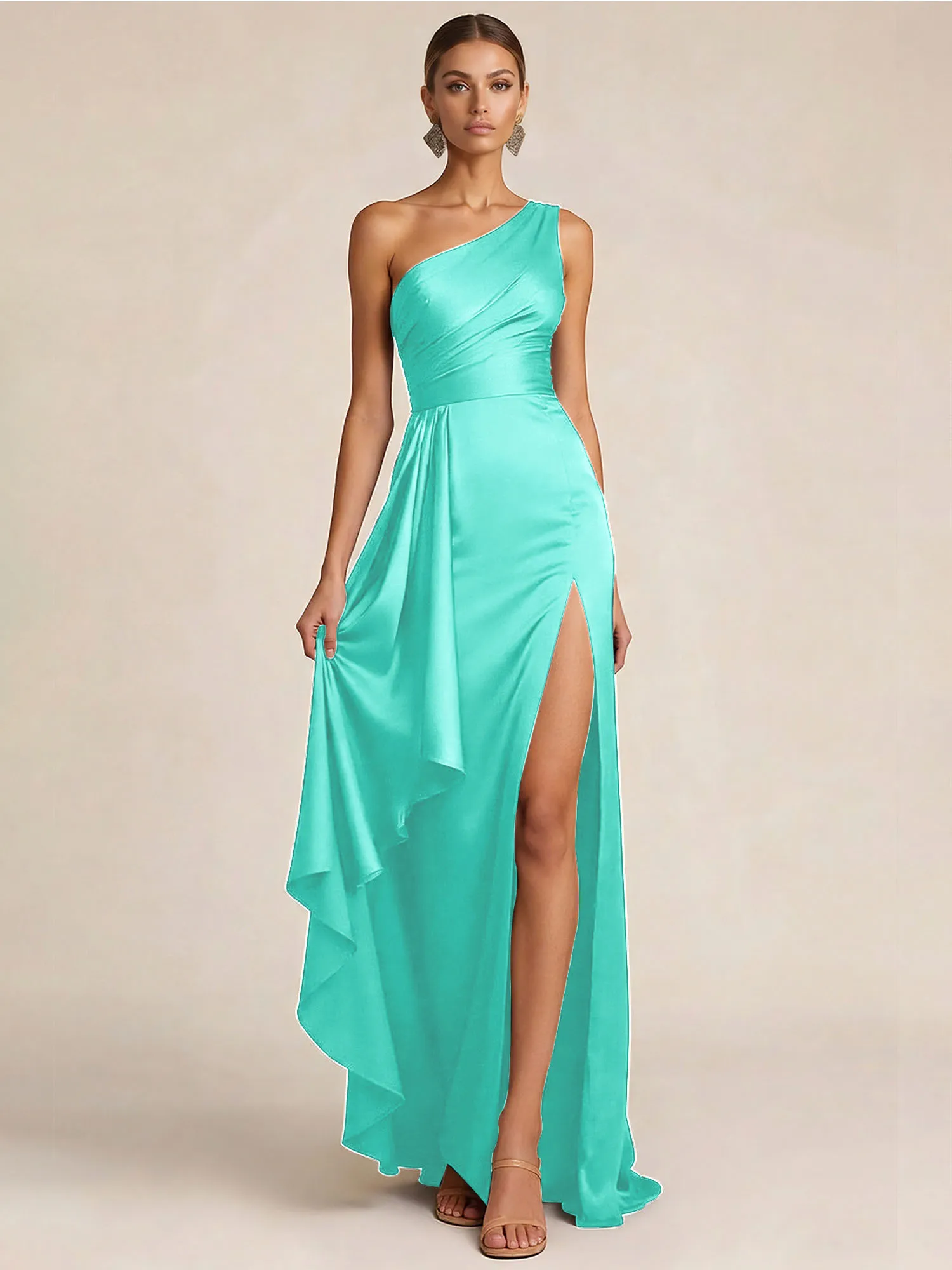 Sleek Foraml Evening Gown Midnight Navy One-Shoulder Satin Slit Maxi Dress