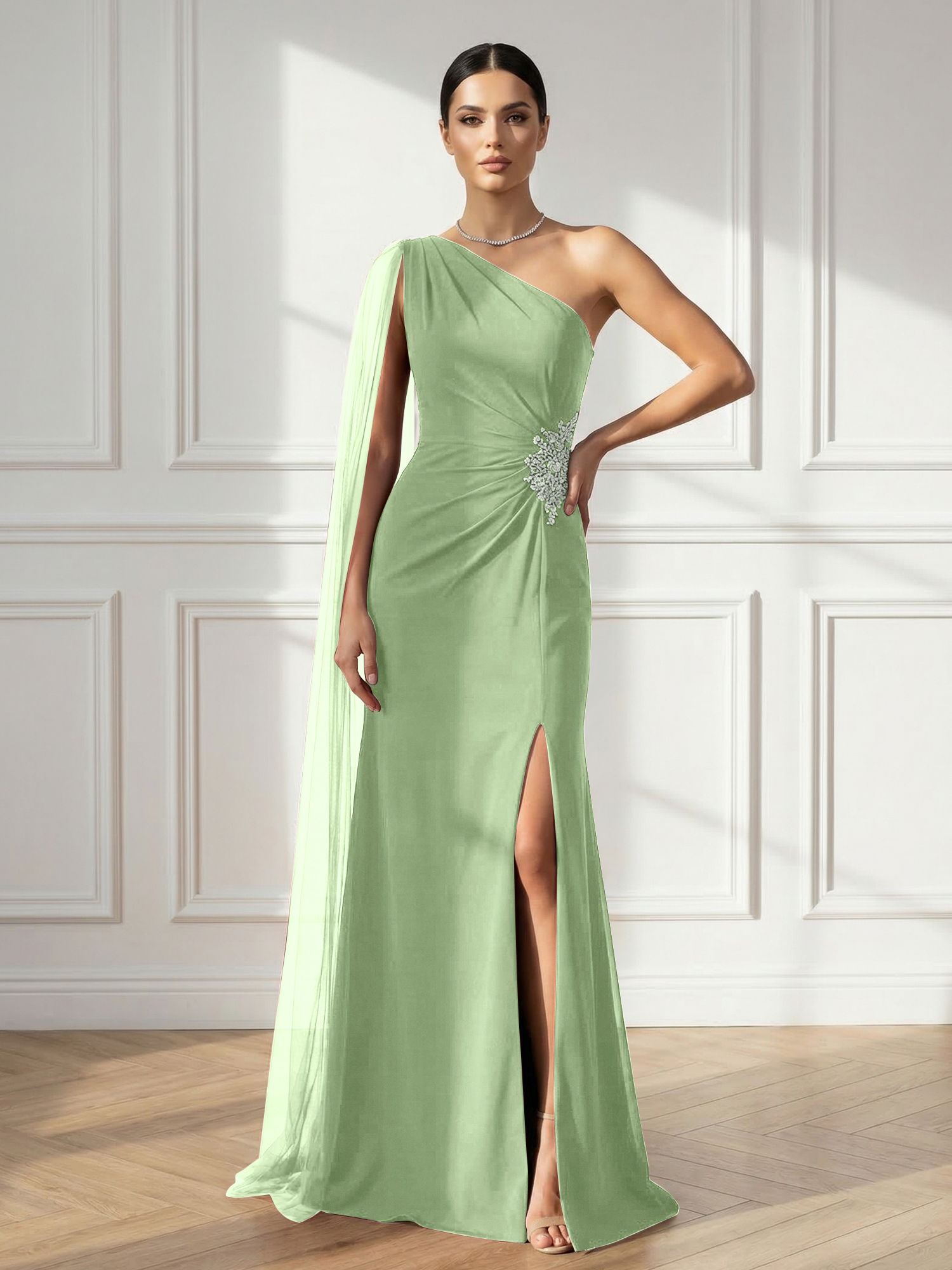 Formal Evening Dress Burgundy One Shoulder Slit Maxi Dress Gown