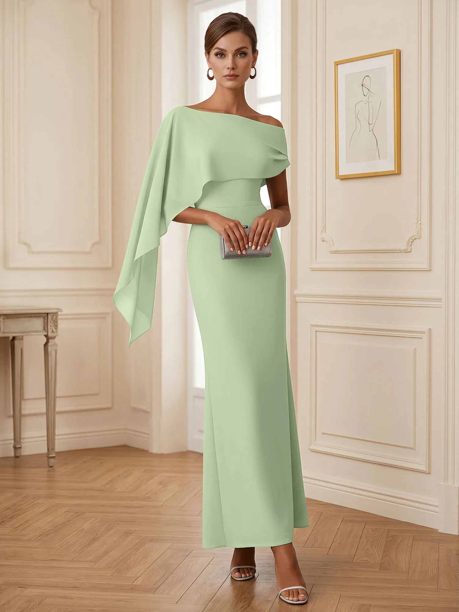 One-Shoulder Chiffon Overlay Mermaid Evening Gown