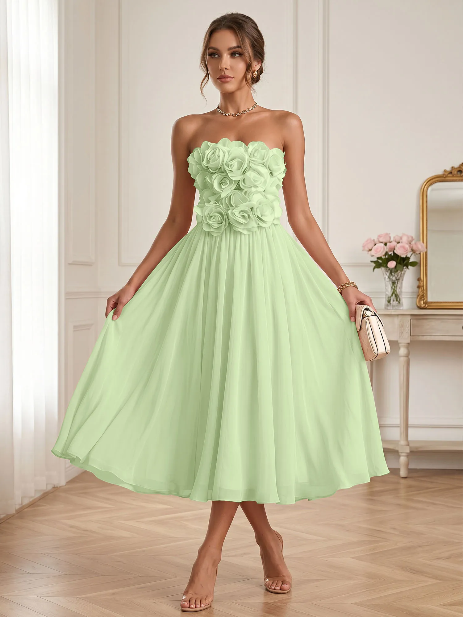 Strapless 3D Floral Chiffon A-Line Midi Formal Dress