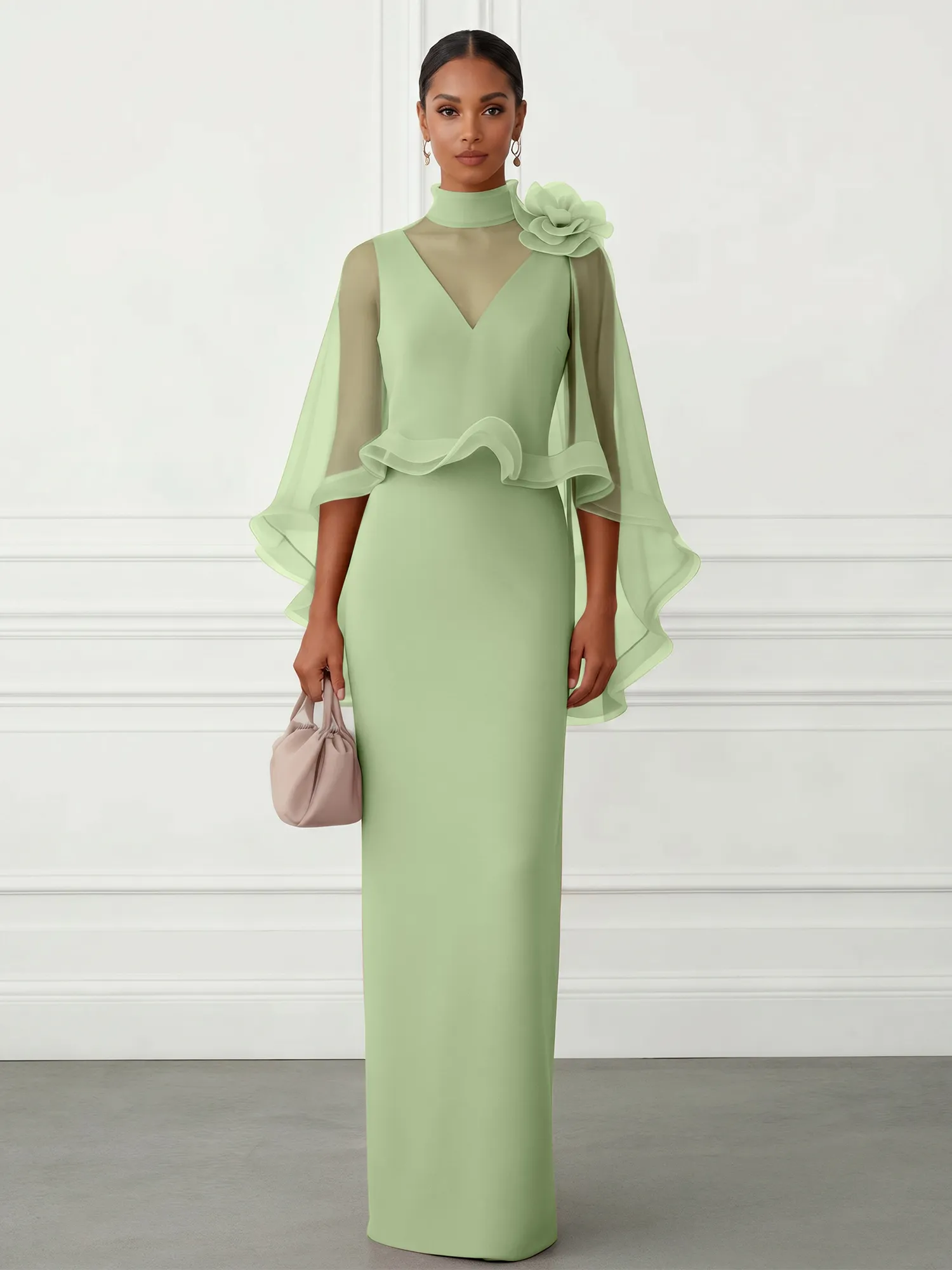 High-Neck Chiffon Cape Sleeve Sheath Evening Gown