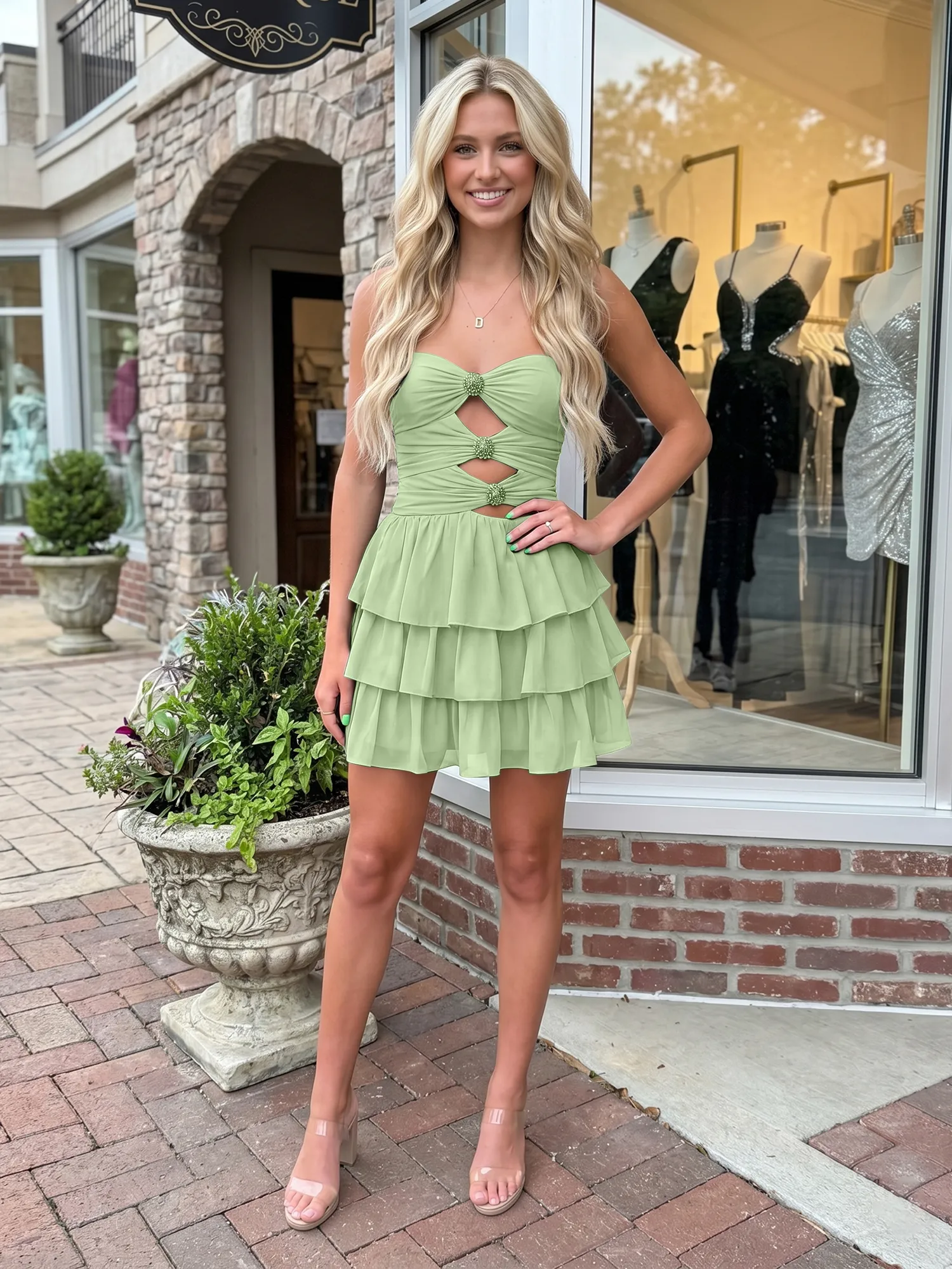 Strapless Cutout Tiered Ruffle Chiffon Homecoming Dress
