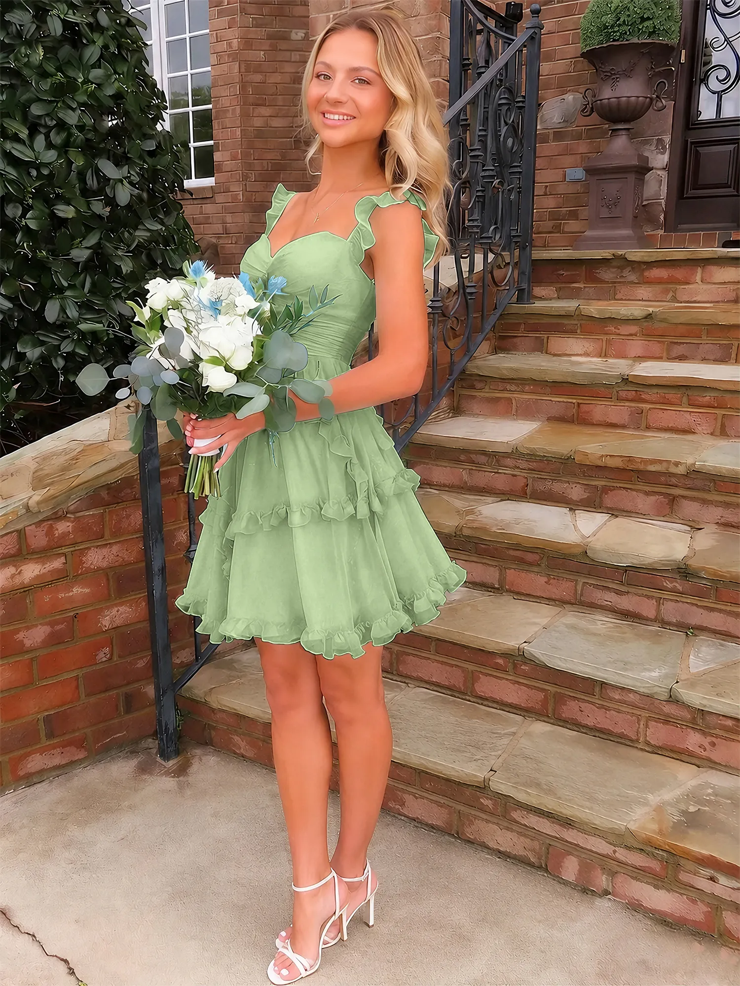 A Line Ruffled Tiered Chiffon Homecoming Dress with Lace-Up Back
